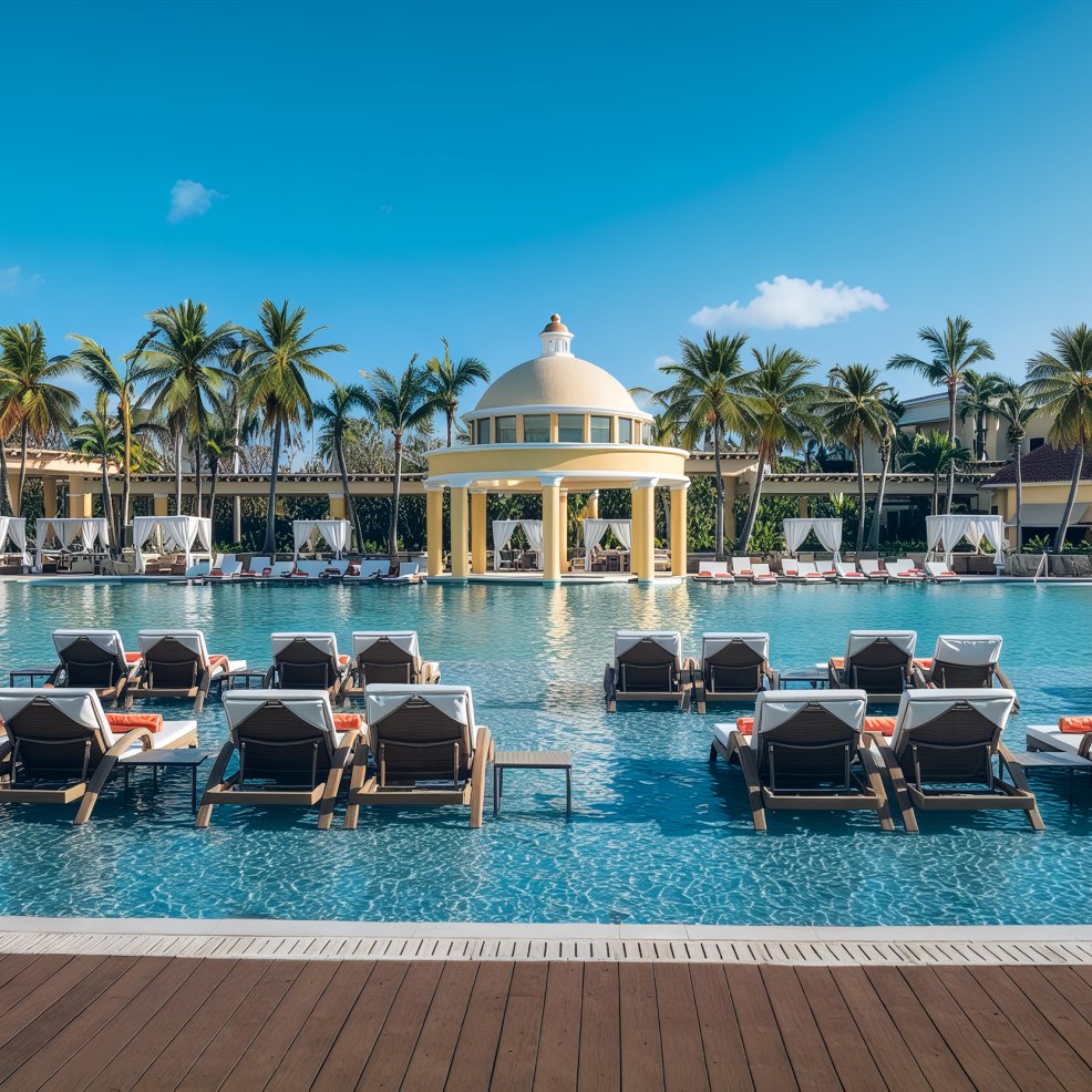 A luxurious pool surrounded by lined lounge chairs and palm trees creates the perfect backdrop for a destination wedding under a clear blue sky.
