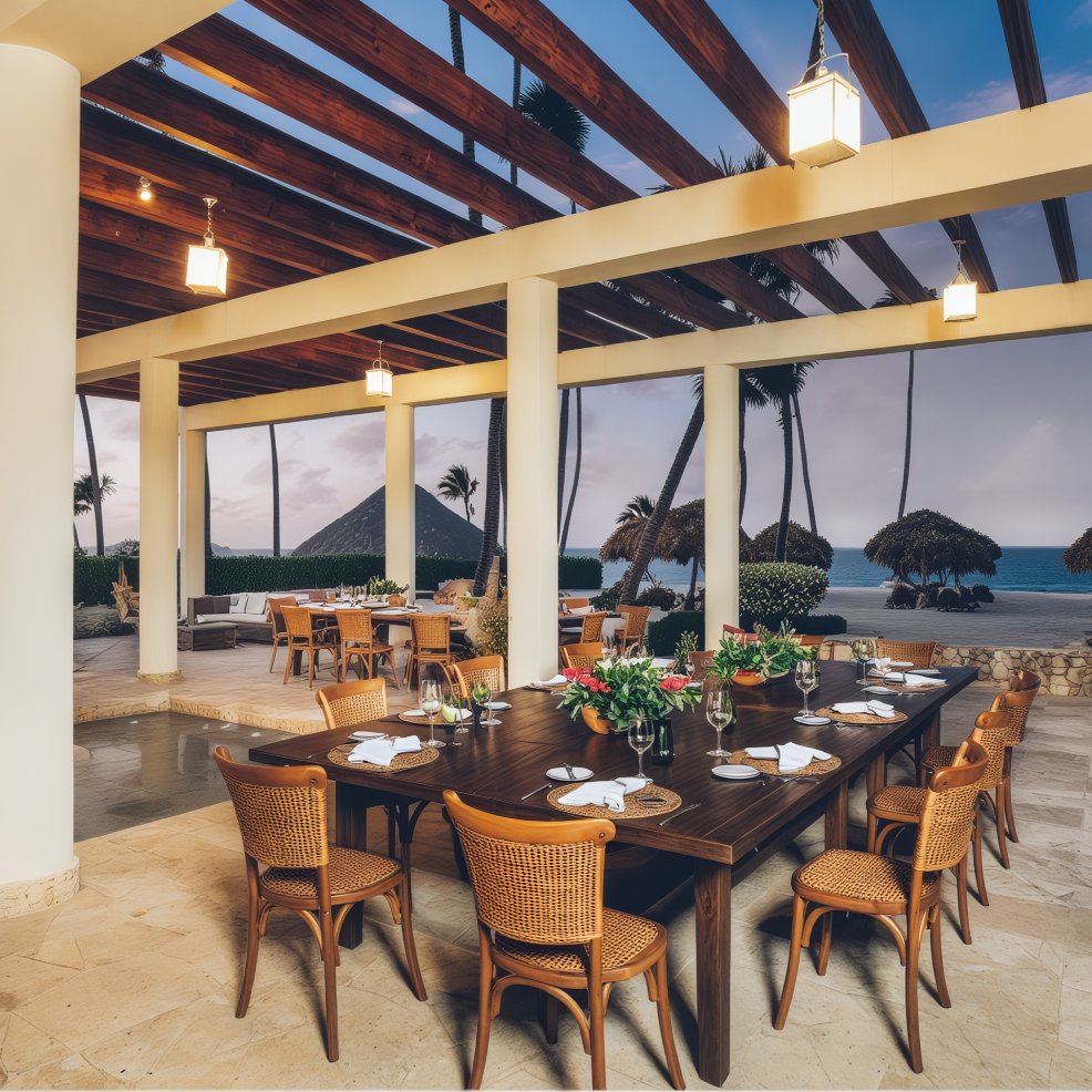 Outdoor dining area featuring a long wooden table and wicker chairs, perfect for a destination wedding, with breathtaking ocean views at sunset.
