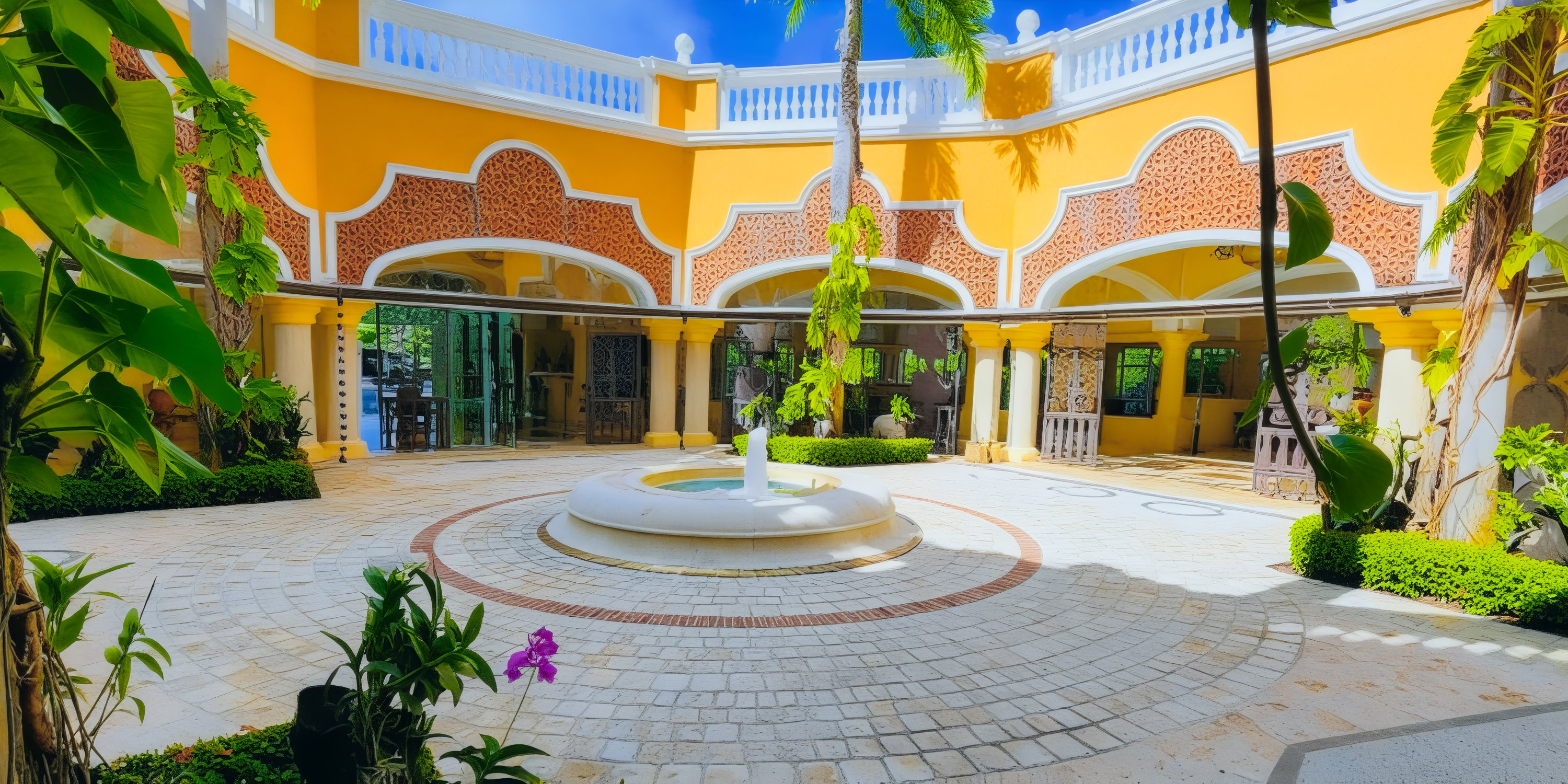 A charming courtyard perfect for a destination wedding, featuring a central fountain surrounded by vibrant yellow walls and lush greenery.