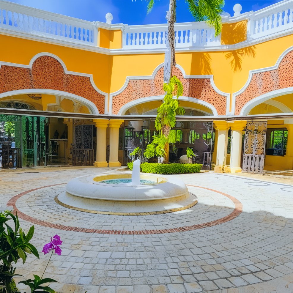 A circular courtyard featuring a central fountain, encircled by ornate arches and vibrant walls, offers a picturesque setting perfect for a destination wedding.