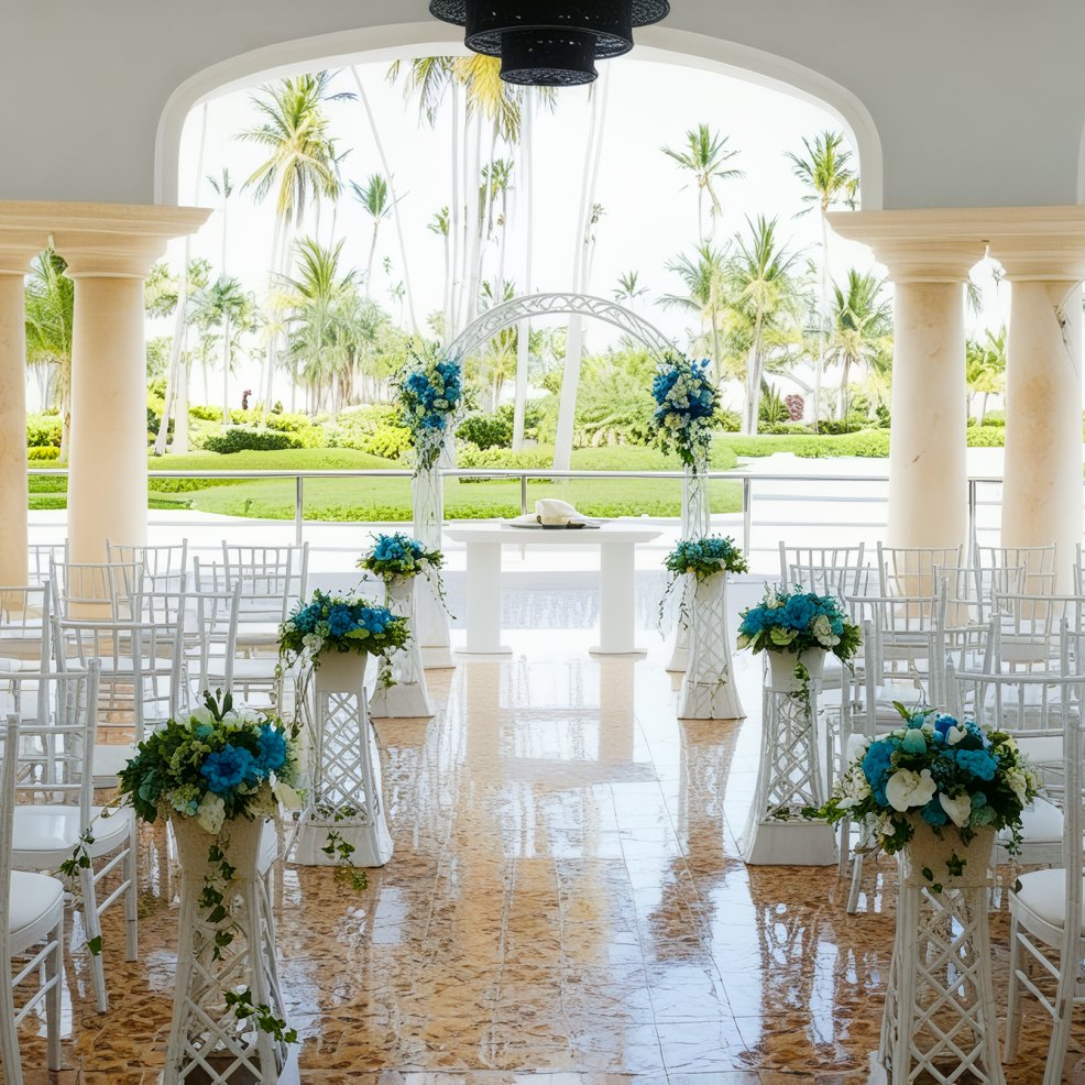 An elegant destination wedding setup featuring blue floral decorations and white chairs in an open-air venue.