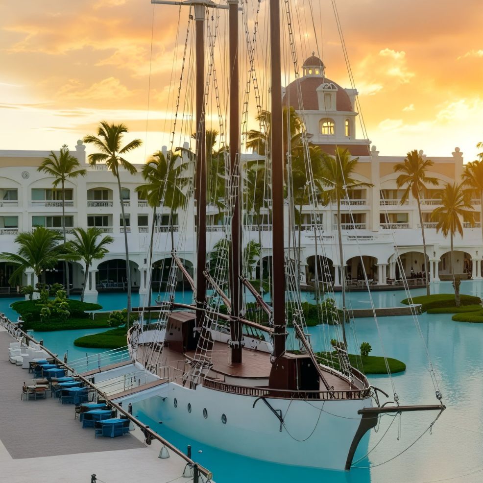 A sailing ship is anchored in a resort pool, providing a stunning backdrop for a destination wedding, with a beautiful building and swaying palm trees enhancing the picturesque scene.