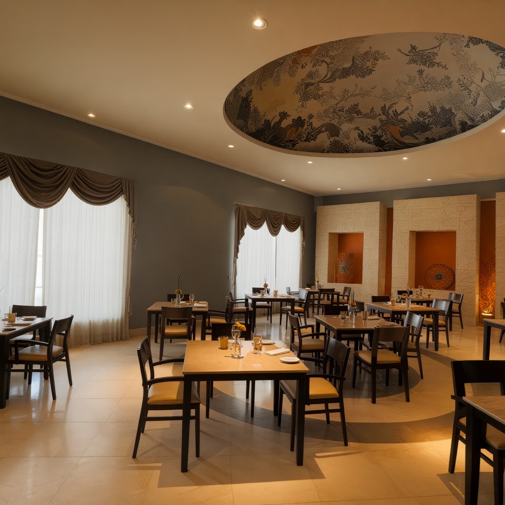 The elegant restaurant interior, with its decorative ceiling and unoccupied tables, creates a perfect setting for a destination wedding.