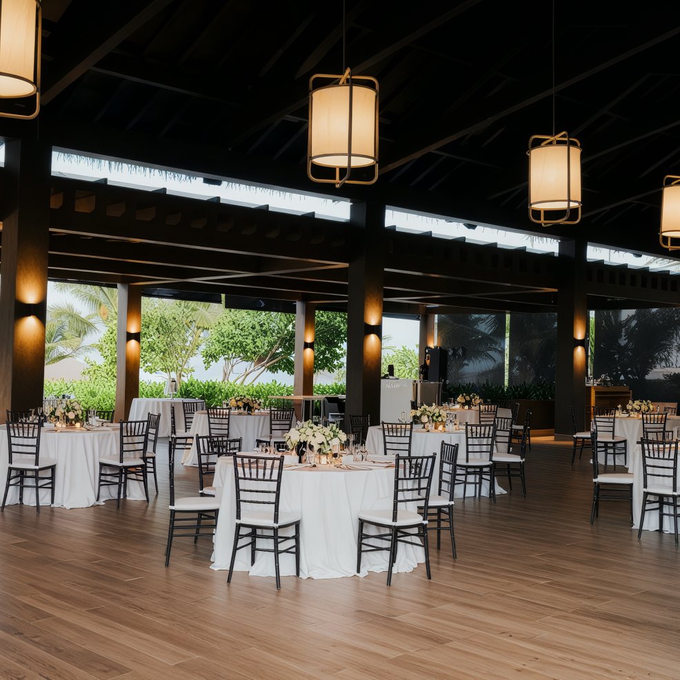 A spacious, elegantly appointed banquet hall with round tables and white tablecloths makes for the perfect setting for a destination wedding.