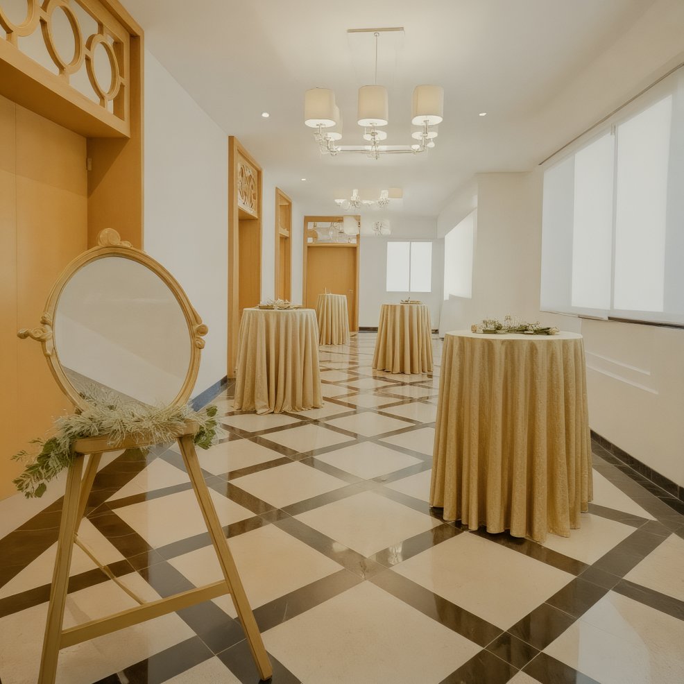 A hallway elegantly adorned with tables draped in beige tablecloths and framed mirrors on stands, perfect for a destination wedding setting.
