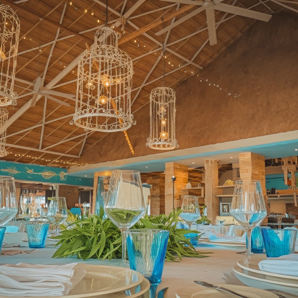 Exquisite dining table arrangement beneath ornate chandeliers in a rustic, airy venue, perfect for a destination wedding.