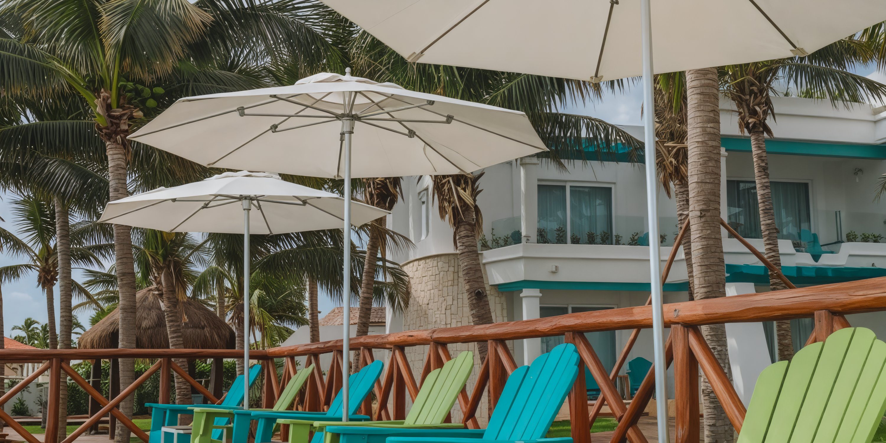 Vibrant chairs and umbrellas adorn the wooden deck of a building, surrounded by palm trees, creating an ideal setting for a destination wedding.