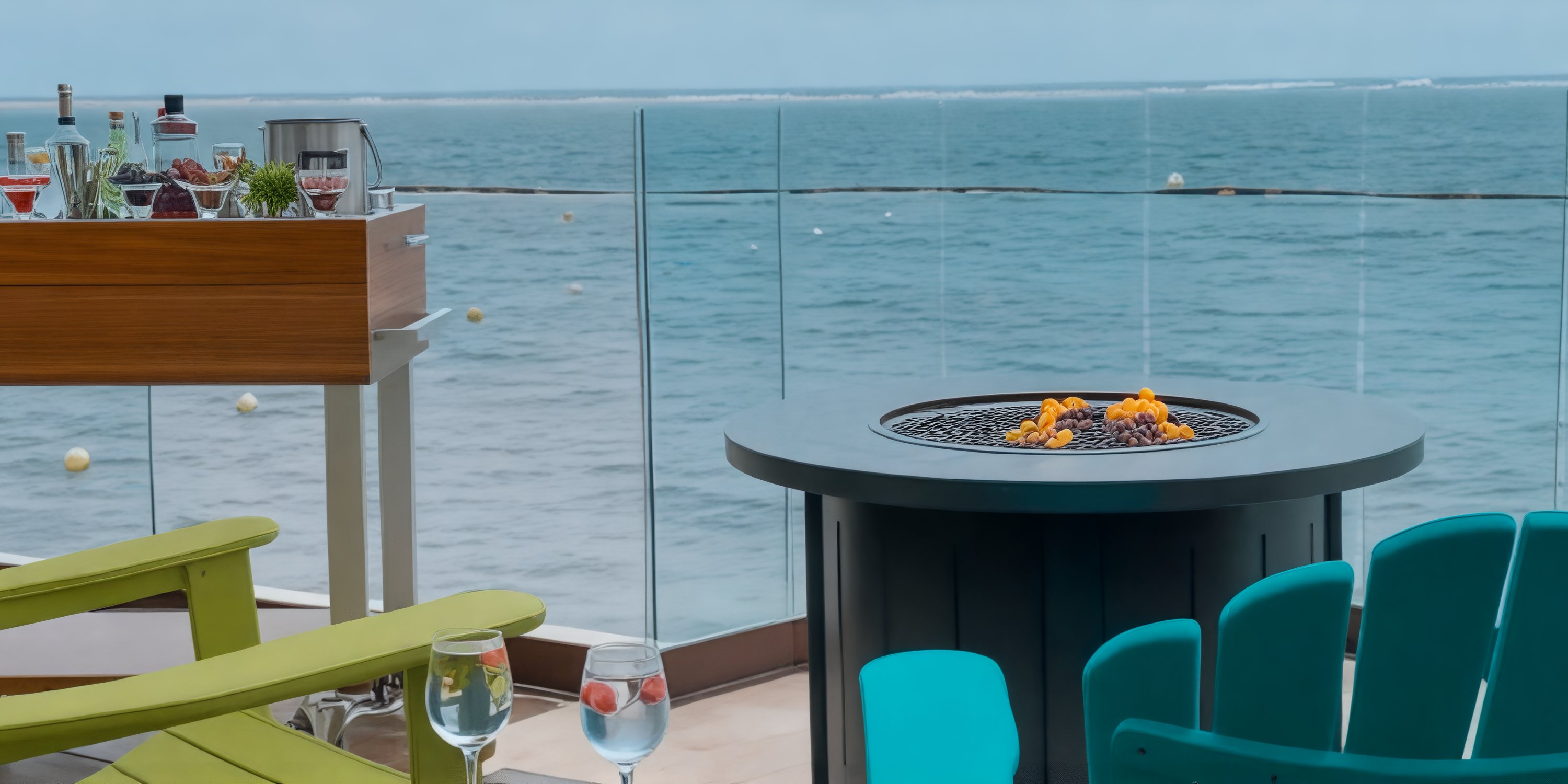 Experience a stunning rooftop deck perfect for a destination wedding, featuring panoramic ocean views, a modern fire pit, and tables elegantly arranged with drinks.