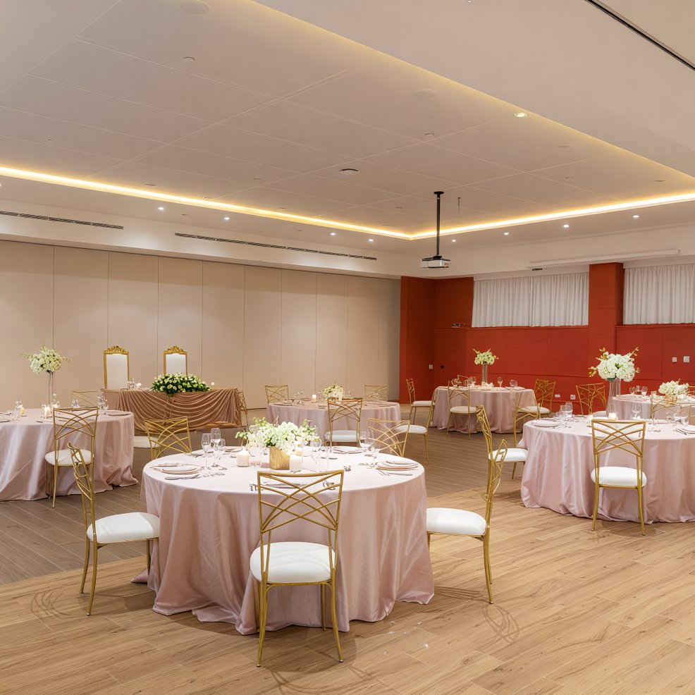 An unoccupied banquet hall is elegantly arranged with round tables adorned in pink tablecloths and accompanied by white chairs, set for a destination wedding.