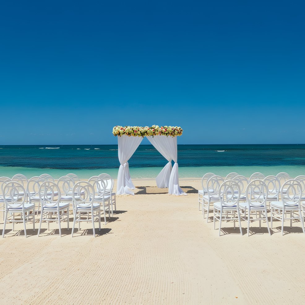 A destination wedding setup featuring chairs and a floral arch beneath a clear blue sky.