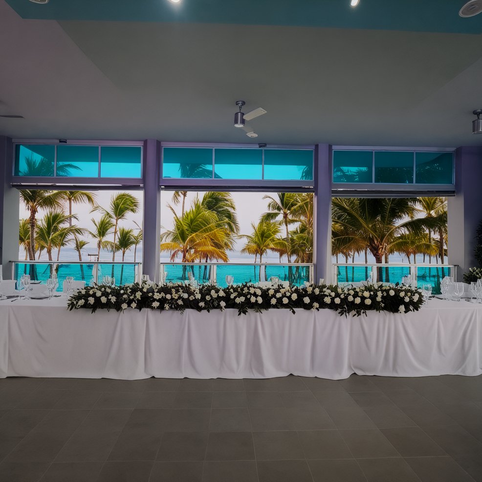 Table decorated with white flowers, set before windows that reveal stunning views of palm trees and the ocean, creating a perfect scene for a destination wedding.