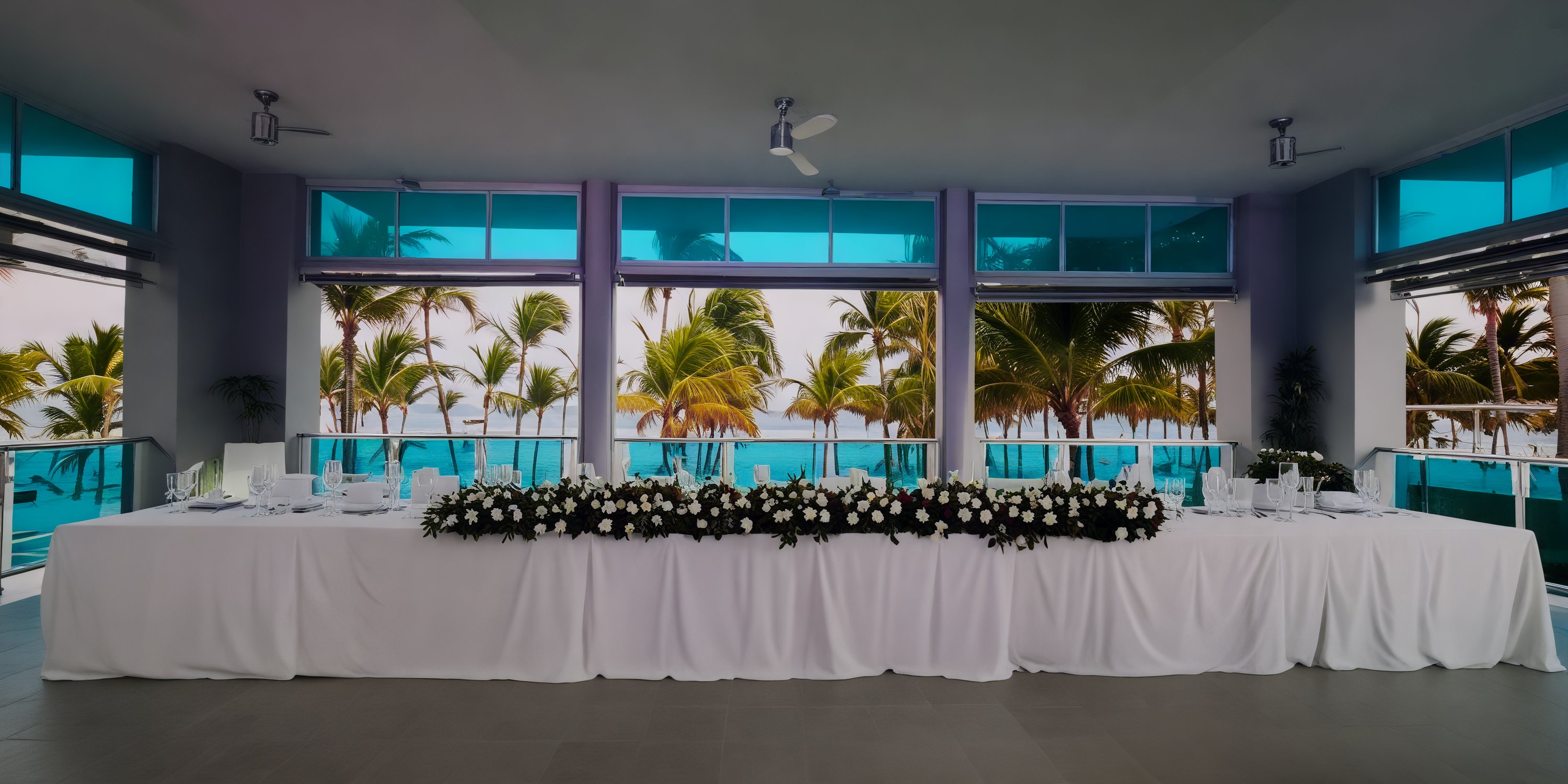A long banquet table draped in a white cloth and adorned with a floral arrangement, set against the backdrop of a breathtaking tropical palm view, creates the perfect setting for a destination wedding.