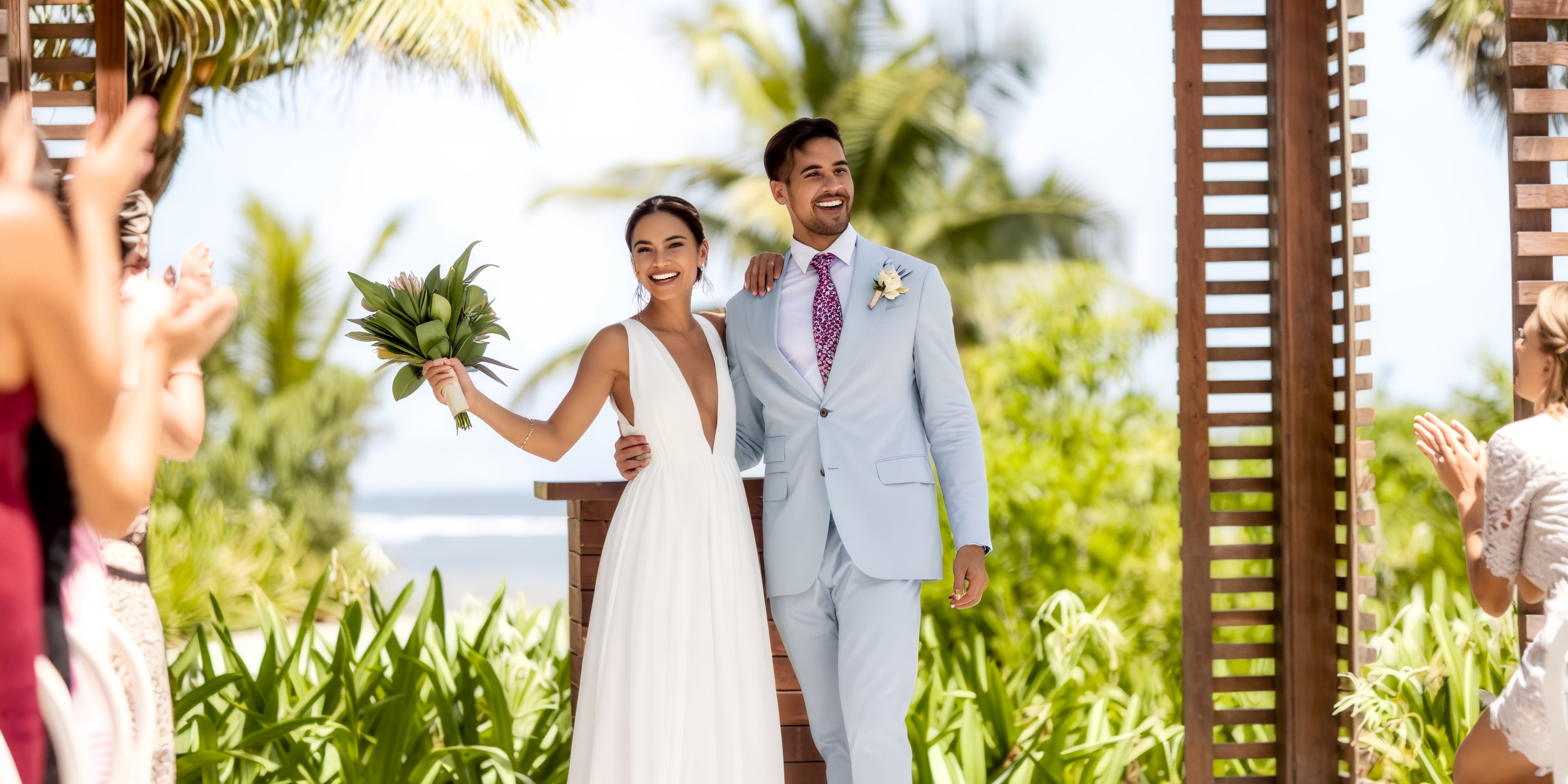 The bride and groom beamed with joy during their outdoor destination wedding ceremony at the tropical UNICO 20°87°.