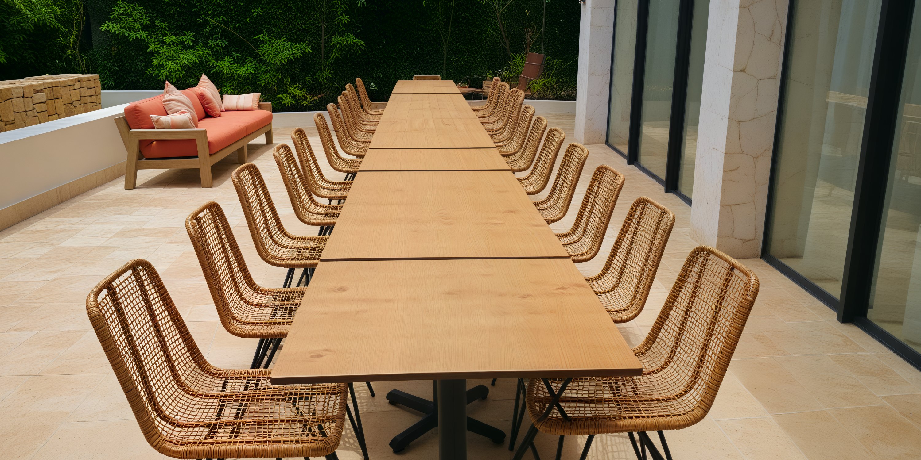 A spacious outdoor table surrounded by wicker chairs is perfect for a destination wedding, with a charming pink sofa placed nearby for added elegance.