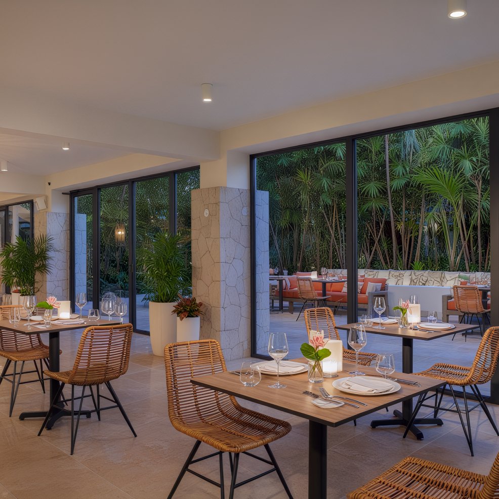 An outdoor wedding venue featuring wooden tables and chairs, enveloped by lush greenery, makes for a perfect destination celebration.