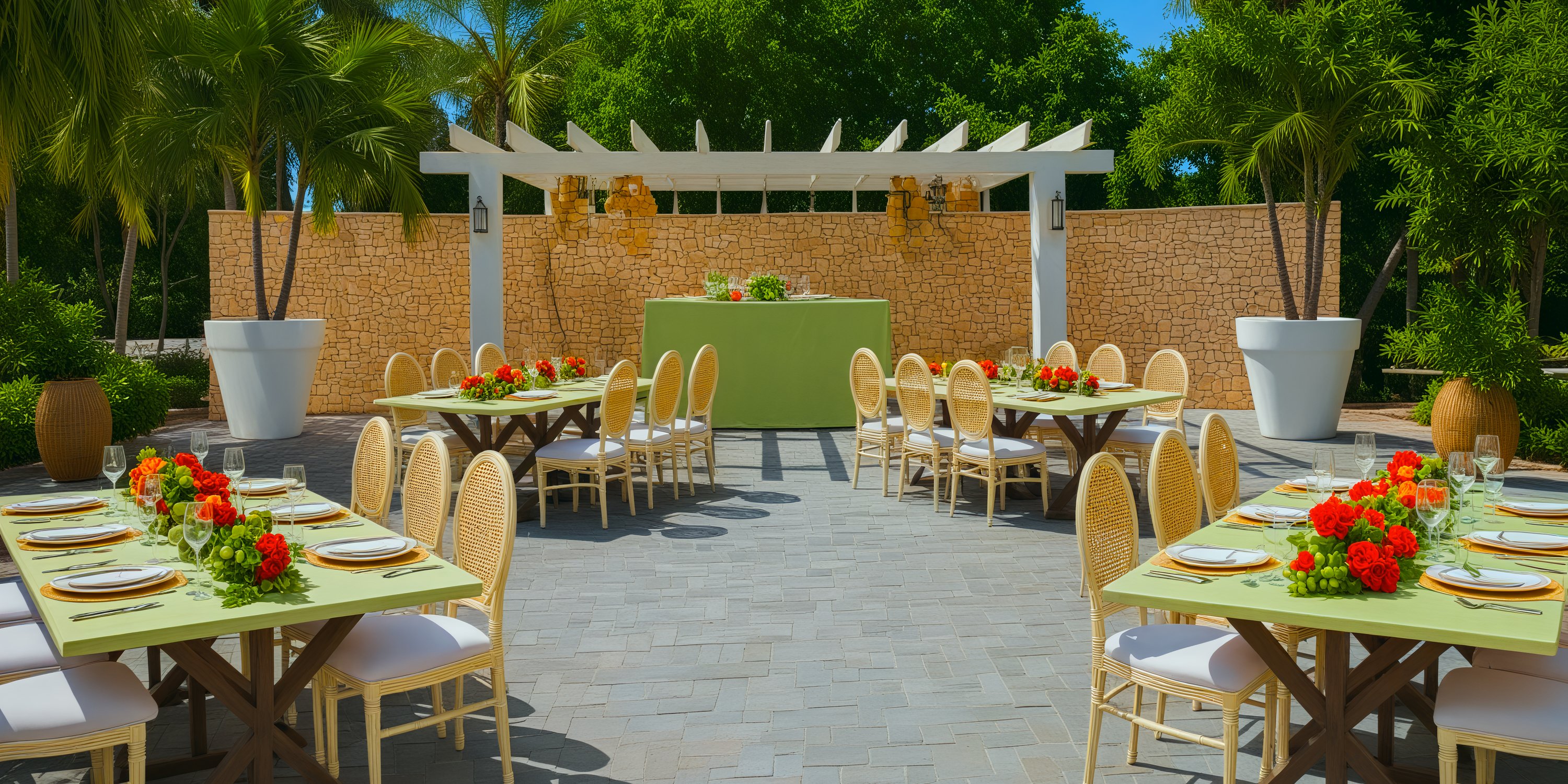 An outdoor dining area beautifully arranged for a destination wedding, with tables adorned in green tablecloths and floral centerpieces.