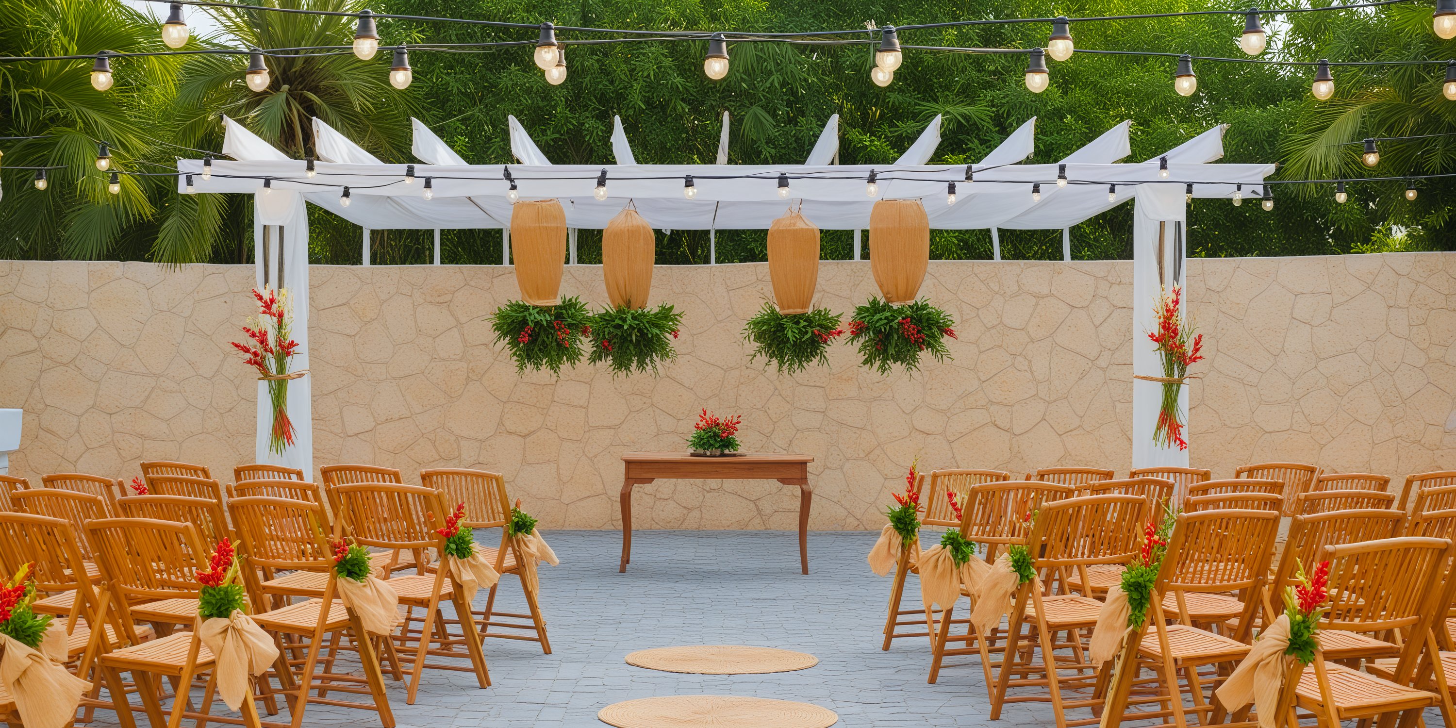 A destination wedding arrangement featuring bamboo chairs, floral decorations, and a beautiful pergola.