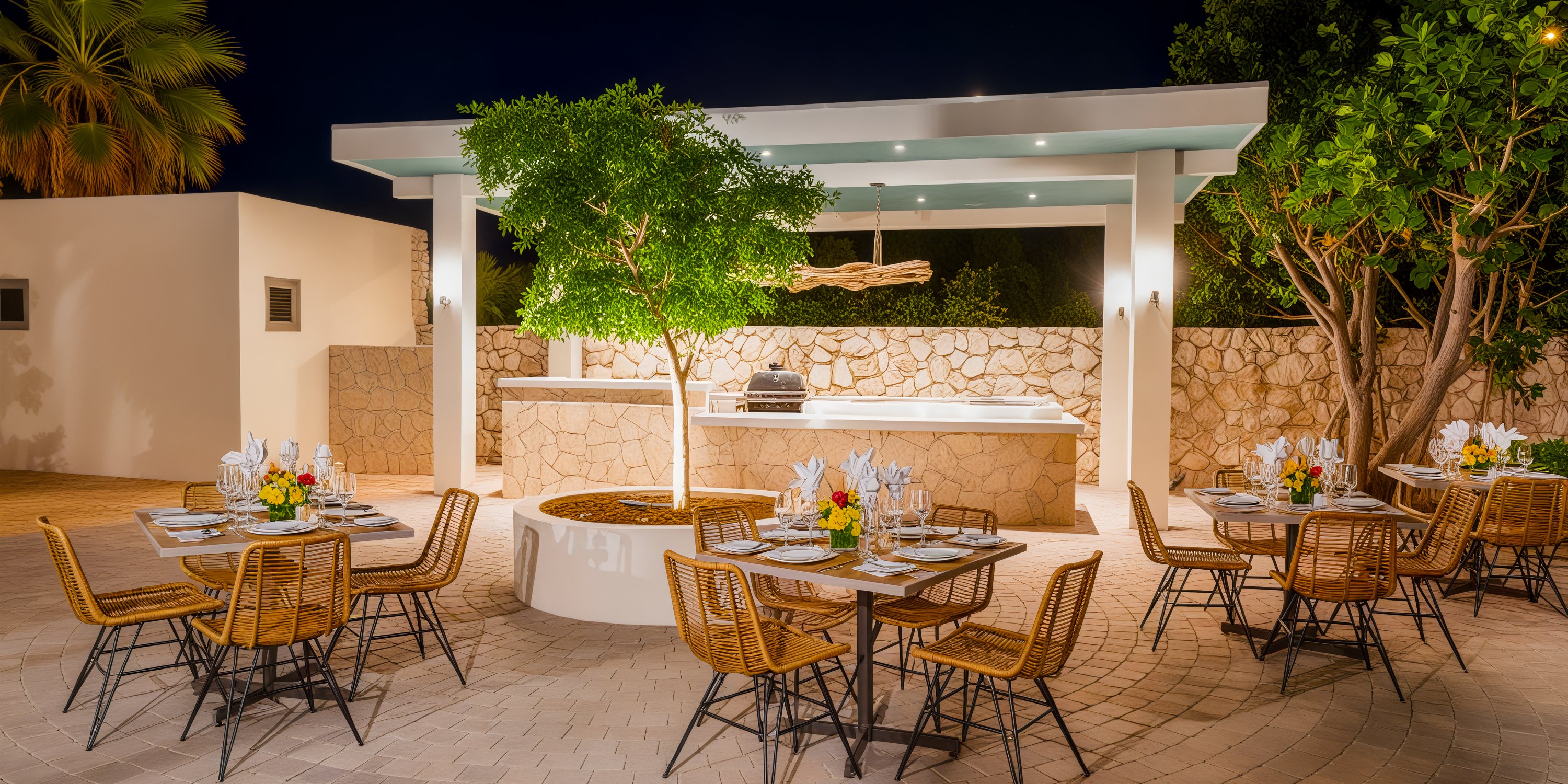 An enchanting outdoor patio, perfect for a destination wedding, features elegant tables and chairs arranged around a majestic central tree under the glimmering night sky.