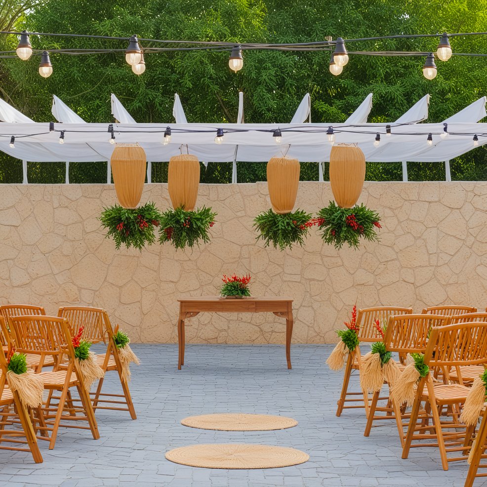A destination wedding setup featuring wooden chairs, twinkling hanging lights, and lush greenery decorations.