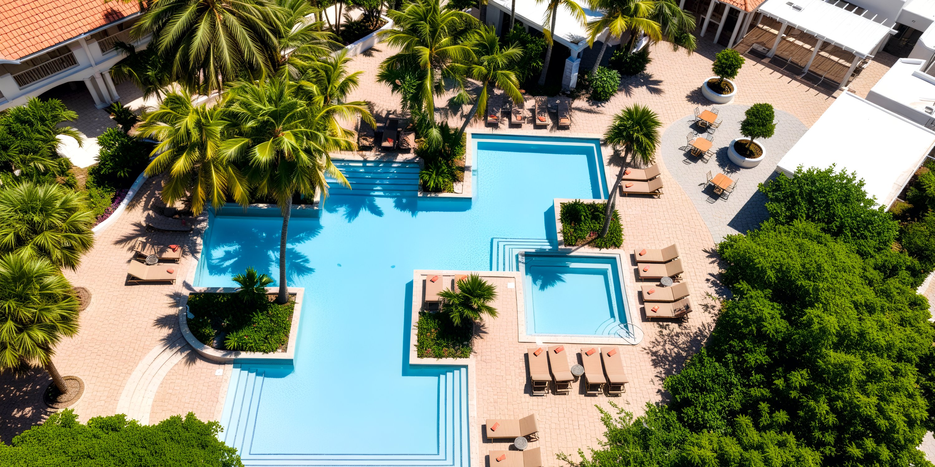 Overlooking a picturesque hotel pool, the aerial view showcases palm trees and lounge chairs meticulously arranged to create a stunning setting, ideal for a destination wedding.