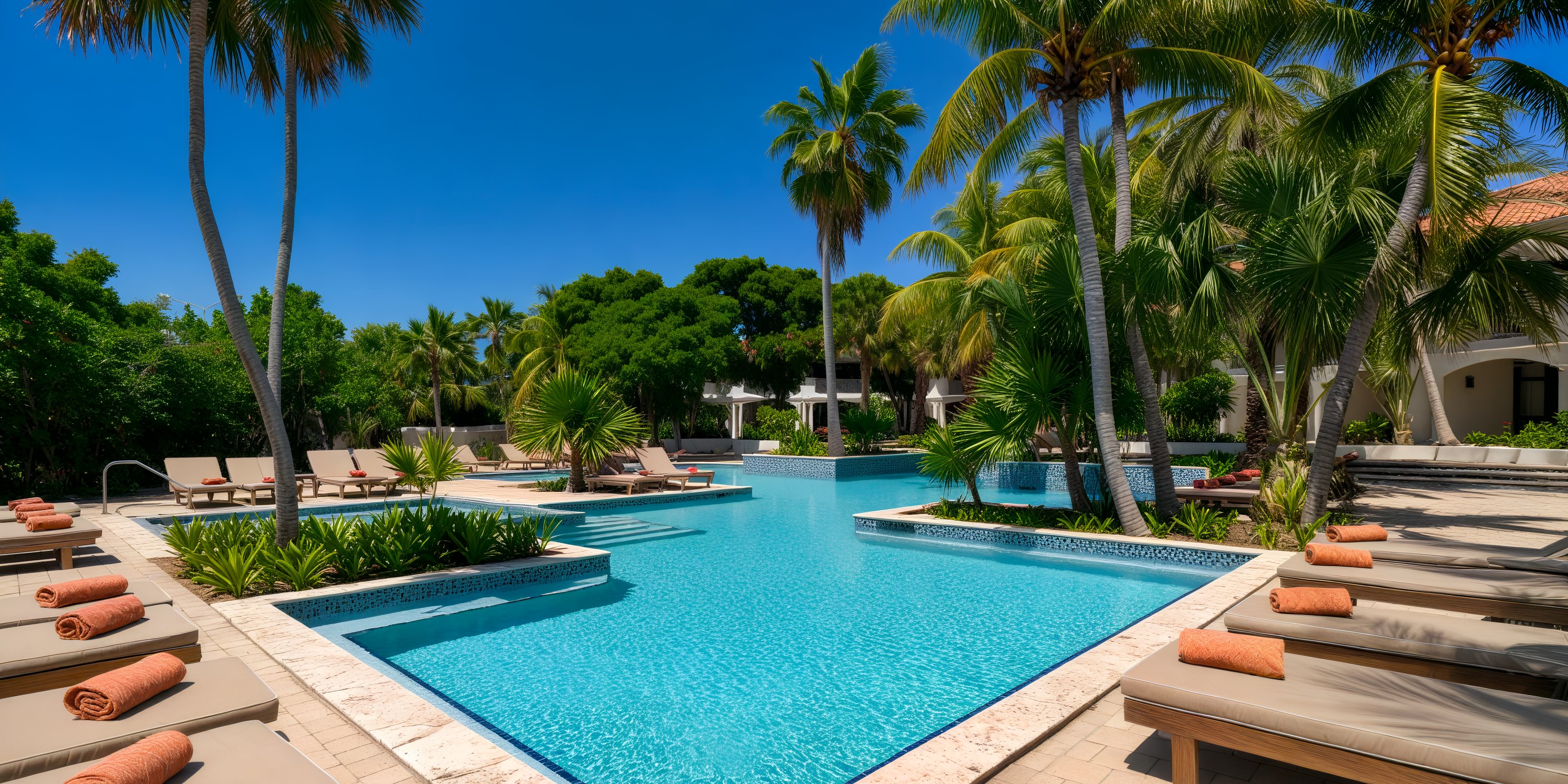 A destination wedding venue featuring a resort pool surrounded by lounge chairs and palm trees under a clear blue sky.
