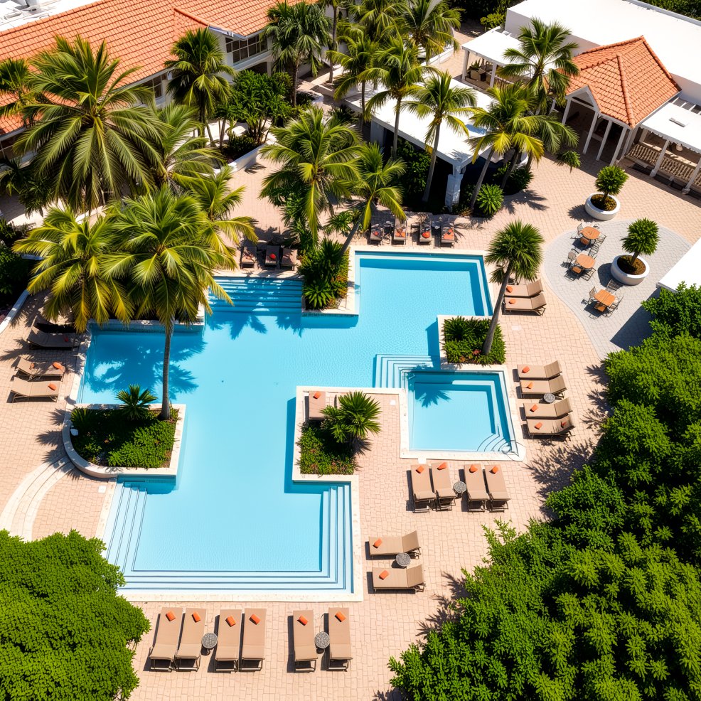 A breathtaking aerial view captures a resort pool surrounded by lush palm trees and elegant loungers, setting the perfect scene for a destination wedding.
