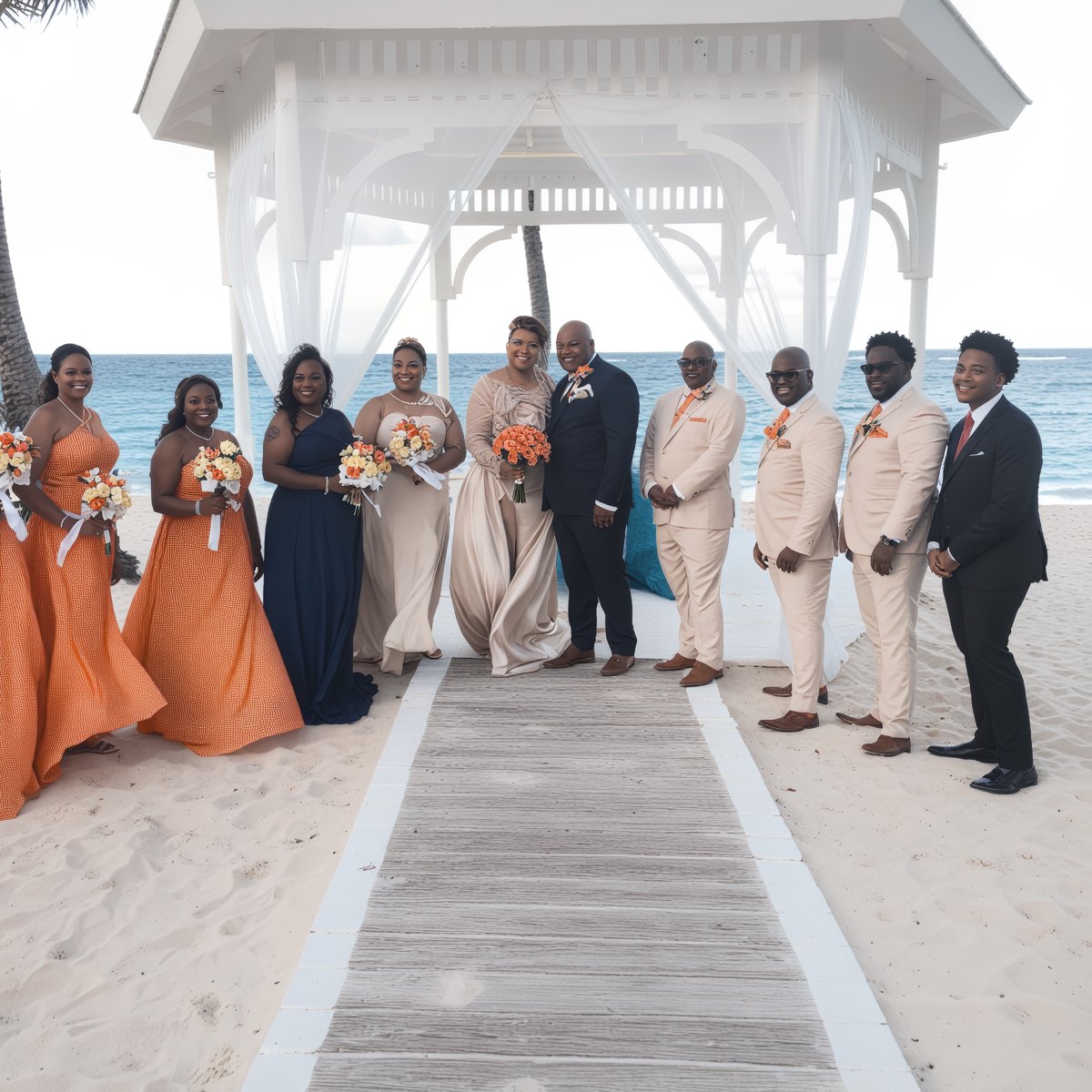 Albrianna and Nicholas's wedding party gathers beneath a white gazebo overlooking the ocean, capturing the magic of their destination wedding.