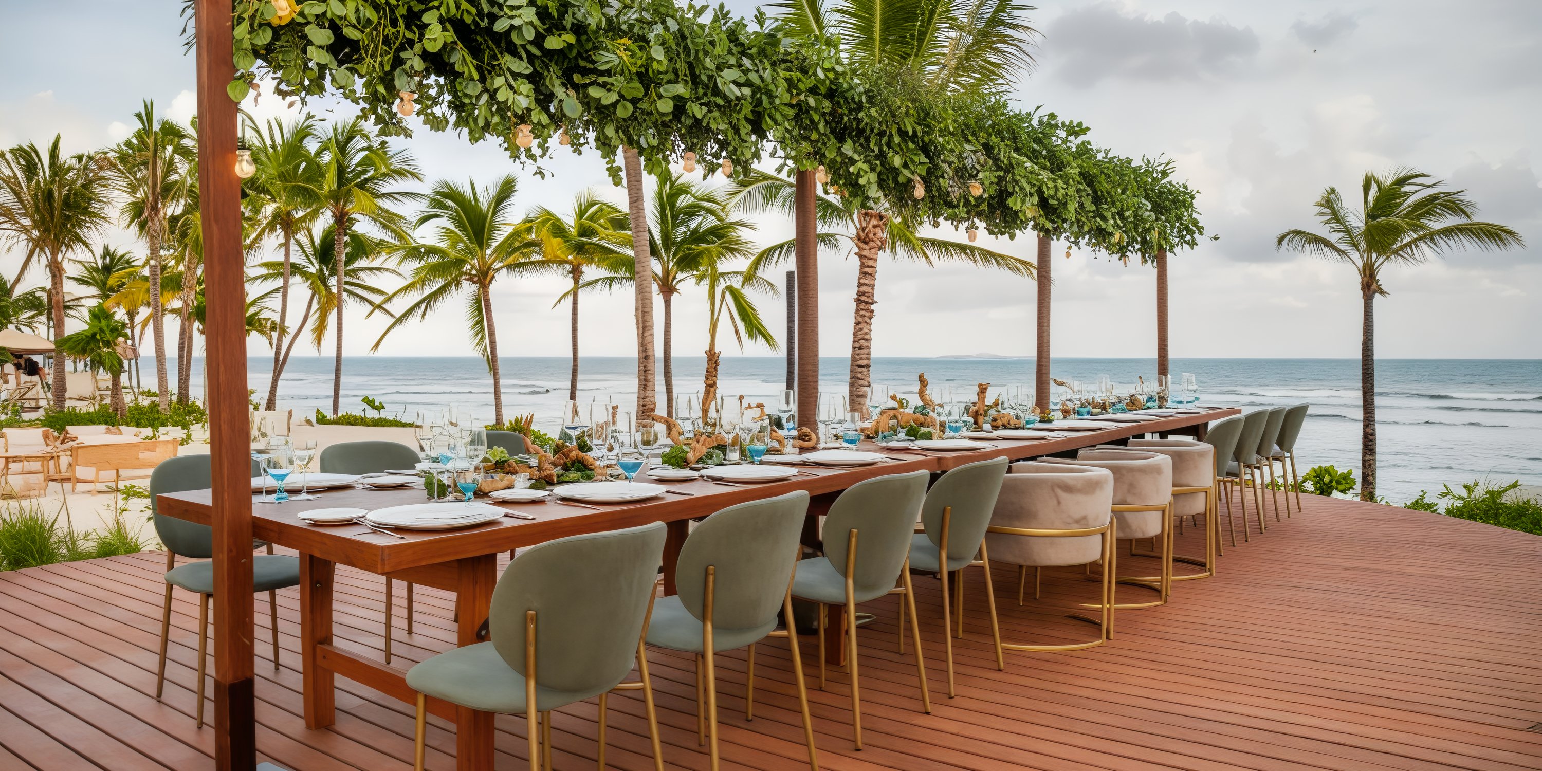 A picturesque outdoor dining arrangement by the beach, featuring a backdrop of swaying palm trees and stunning ocean views, perfect for a destination wedding.