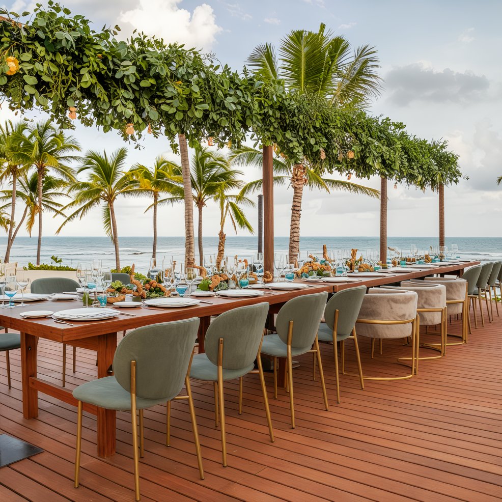 A picturesque destination wedding setup featuring a long dining table adorned with green chairs, offering stunning ocean views and surrounded by swaying palm trees.