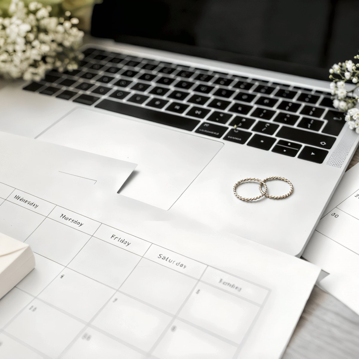 Two wedding rings rest on a laptop alongside flowers and a calendar, all arranged neatly on a desk—setting the scene for planning a destination wedding.