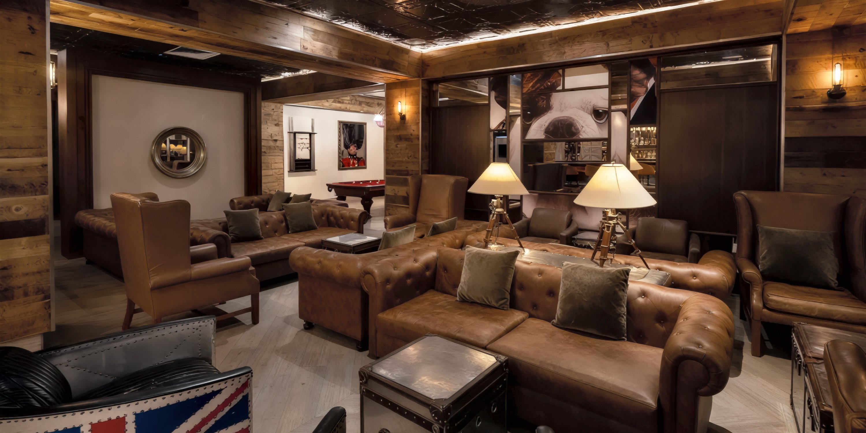 A cozy lounge at Moon Palace Nizuc, perfect for a destination wedding, featuring leather sofas, elegant armchairs, soft lamps, and warm wood-paneled walls.