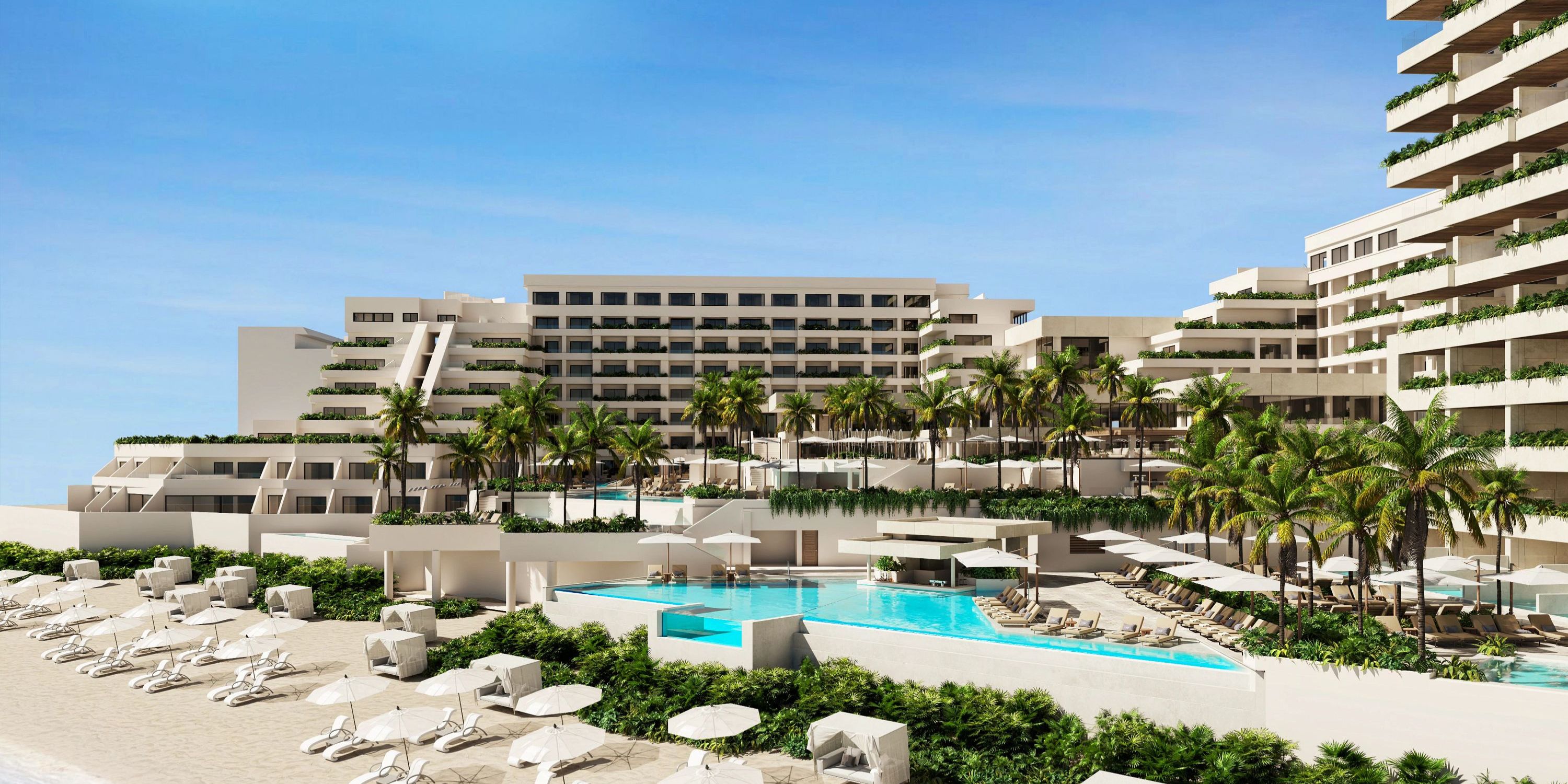 Secrets Mirabel Cancun Resort & Spa, a modern beachfront oasis with pools and palm trees—perfect for a destination wedding.