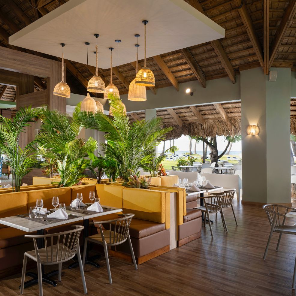 Modern restaurant interior with wooden floors, yellow booths, green plants—ideal for a destination wedding.