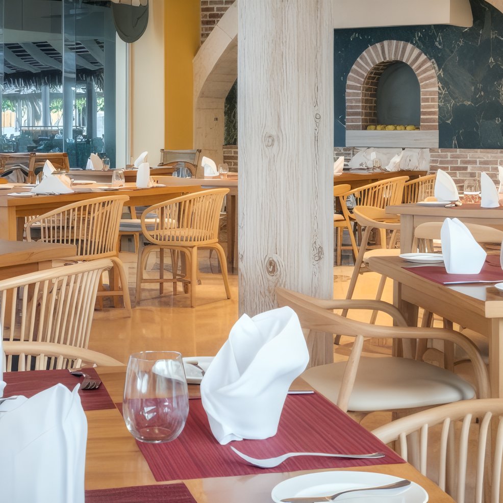 Elegant restaurant dining area with wooden tables and a brick oven, ideal for a cozy destination wedding.