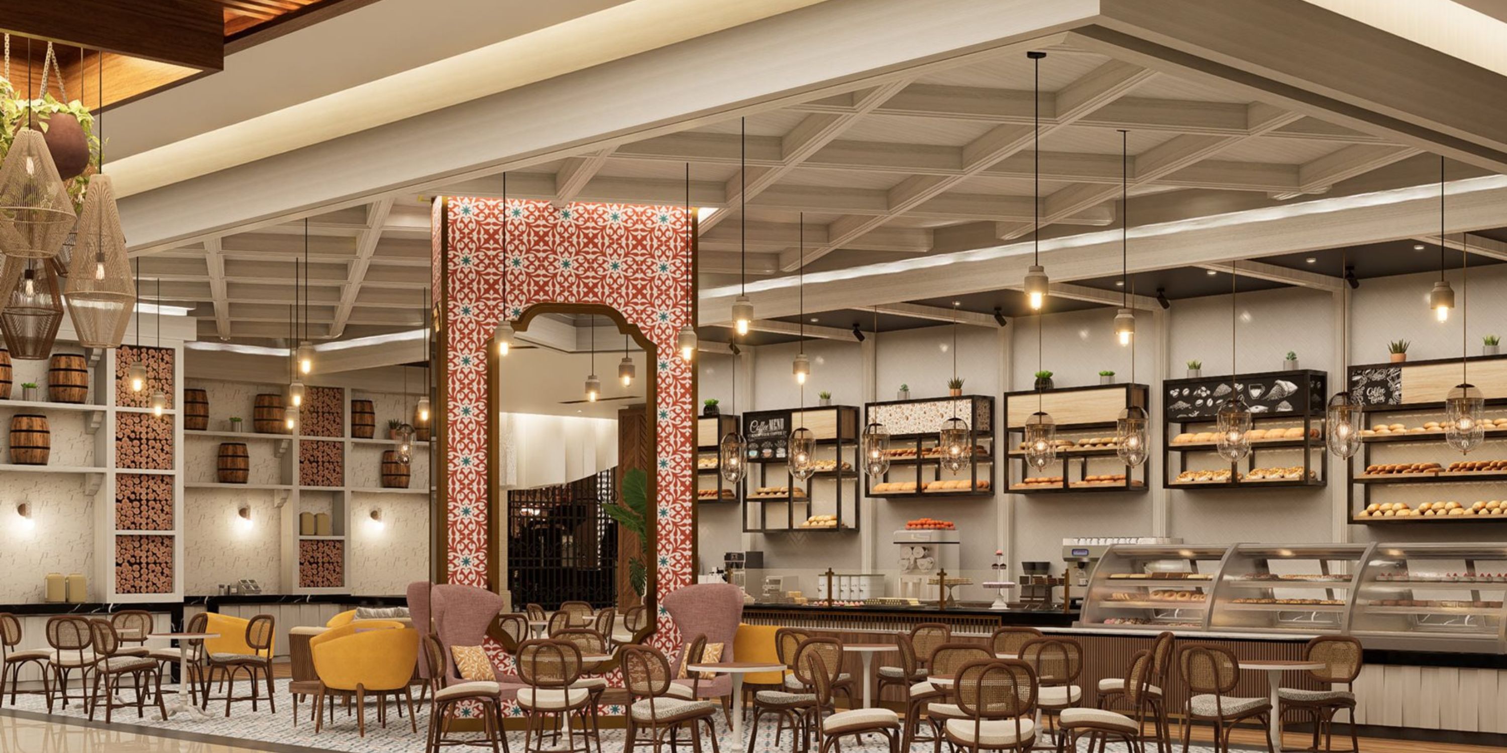Moon Palace The Grand (Copy) offers a modern café with arches, wood chairs—perfect for destination weddings.