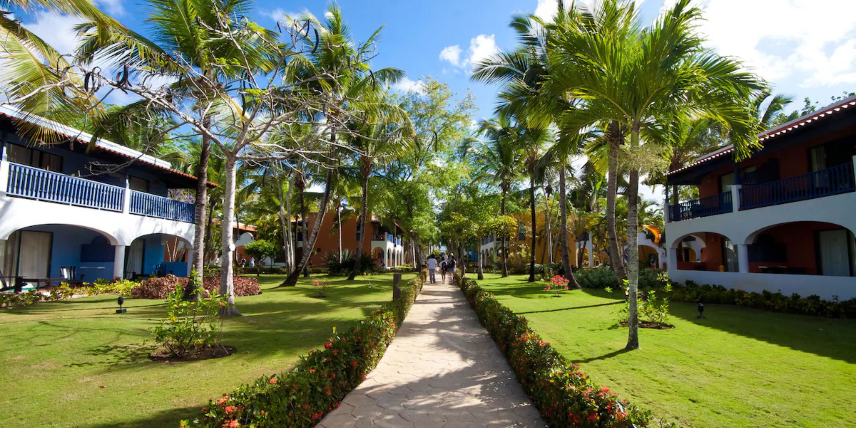 Palm-lined path at Catalonia Bayahibe resort, perfect for a destination wedding, under a blue sky.
