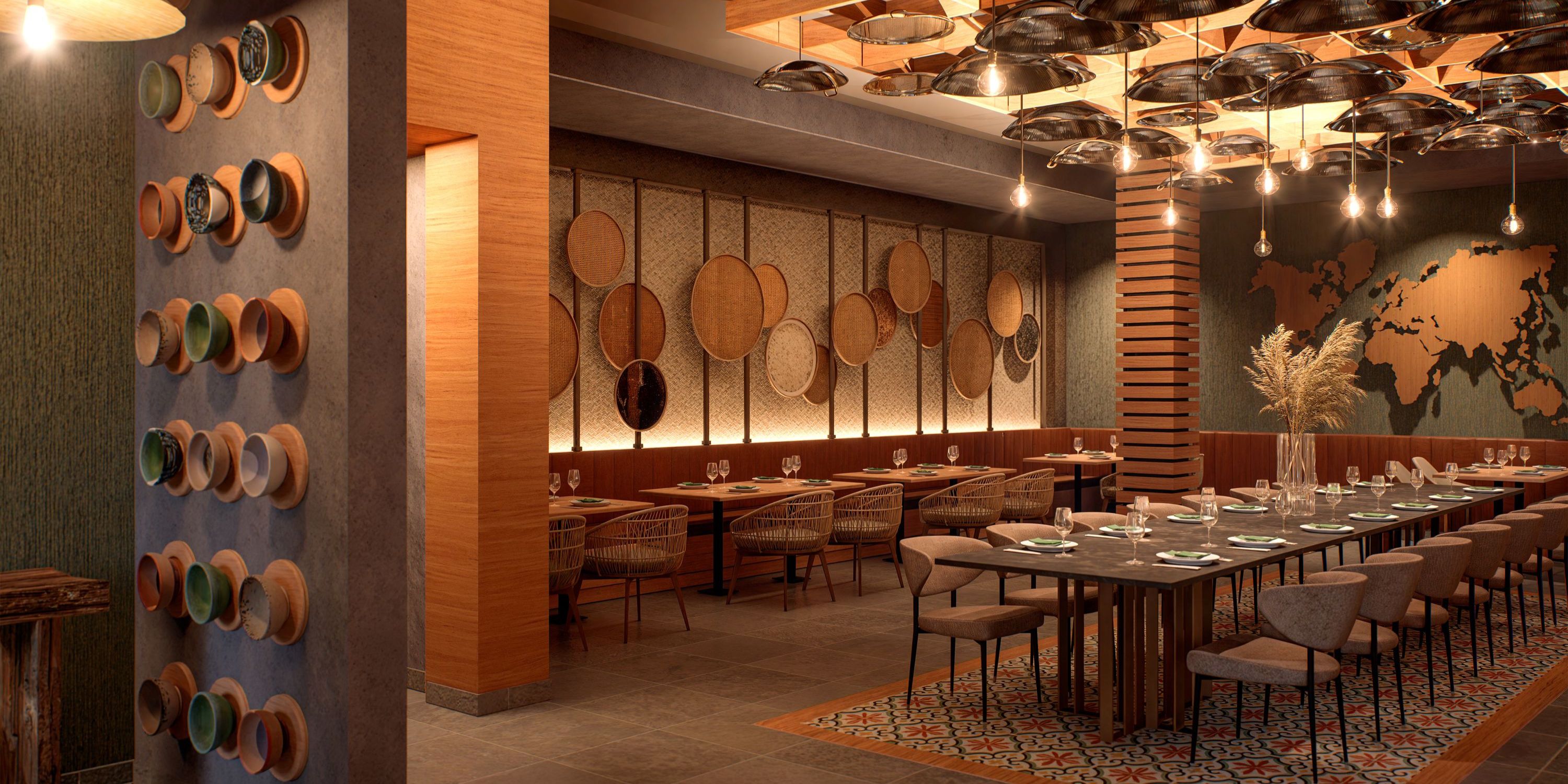 Chic dining spot at Hyatt Vivid Grand Island, perfect for destination weddings, with hats and woven decor.
