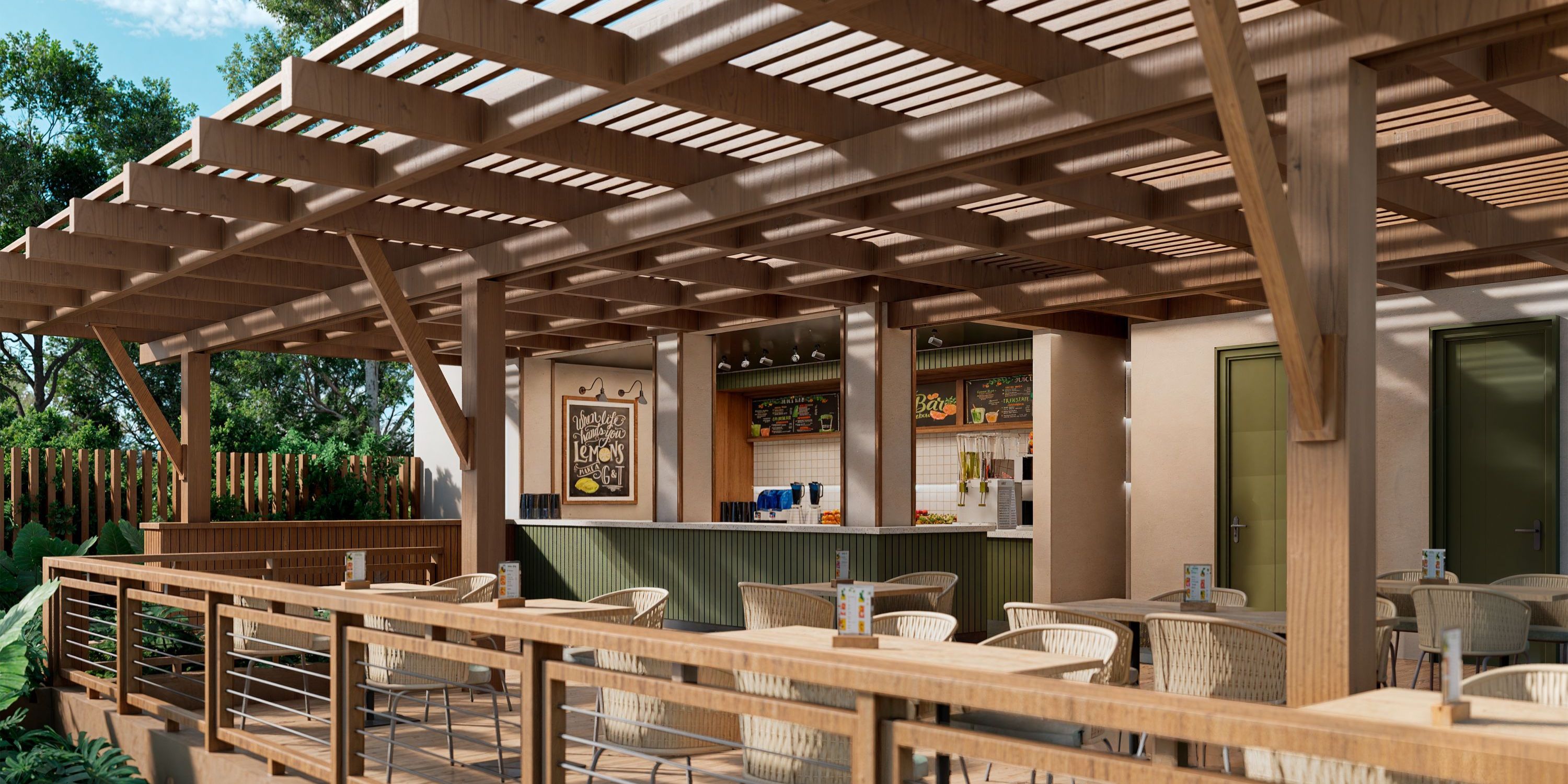 Hyatt Vivid Grand Island’s outdoor café, perfect for a destination wedding, has a pergola, tables, and chairs.