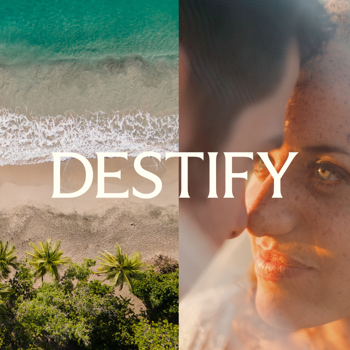 Aerial beach view and a couple's faces, with "DESTIFY" and a destination wedding vibe overlaid.