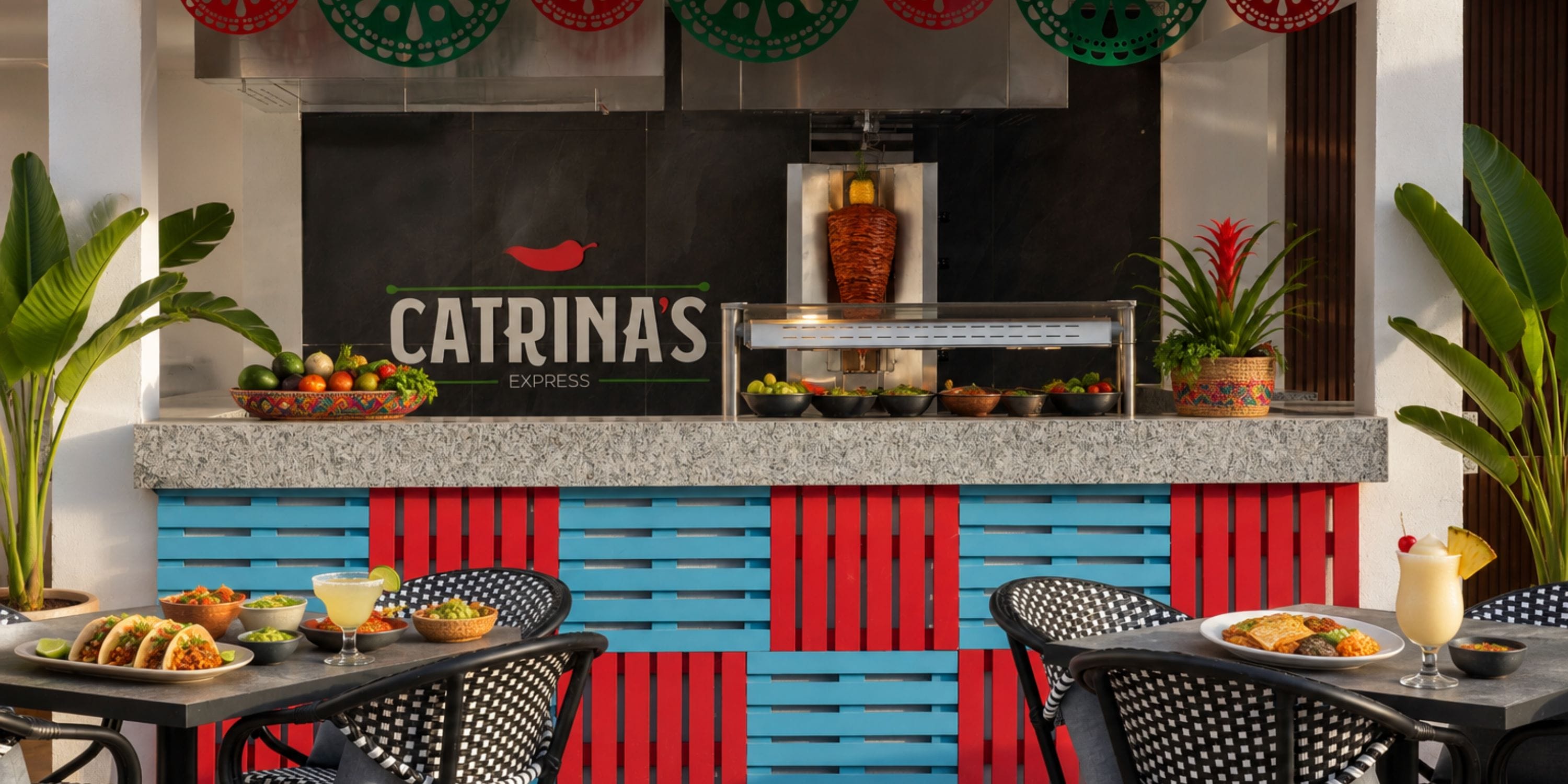 Royalton Vessence Barbados: Outdoor Mexican counter—ideal for wedding tacos, drinks, festive decor.