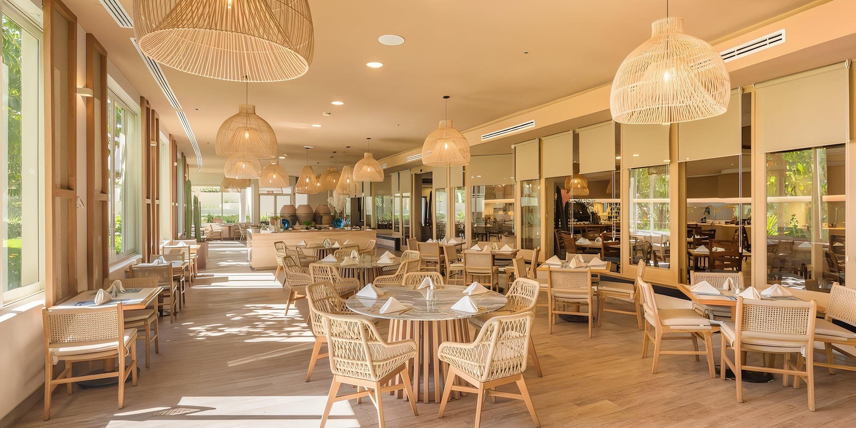 Bright, modern Barceló Grand Faro Los Cabos set for a destination wedding with wooden tables and large windows.