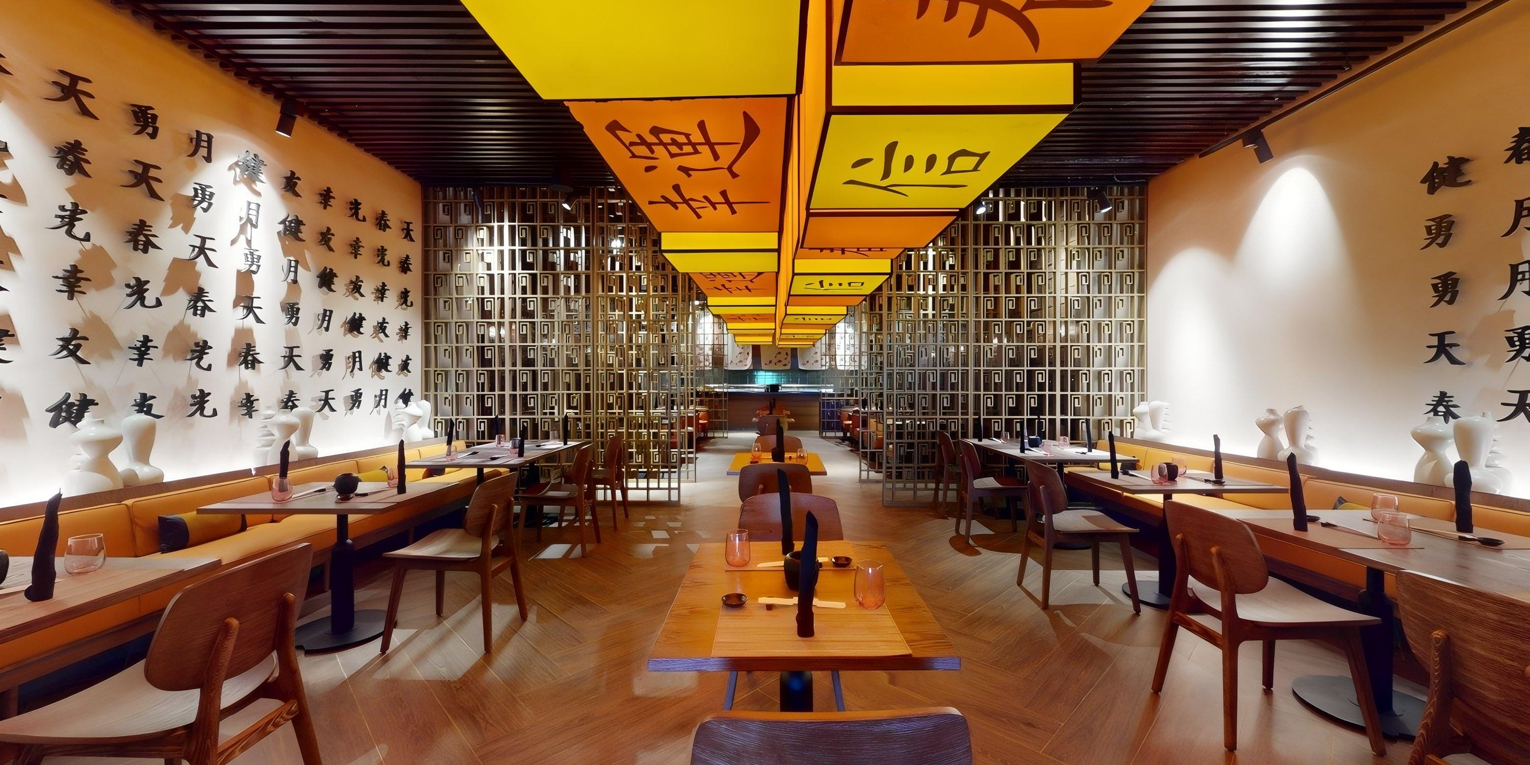 Modern interior ideal for a destination wedding at Princess Senses The Mangrove Hotel, with wood tables and yellow lanterns.