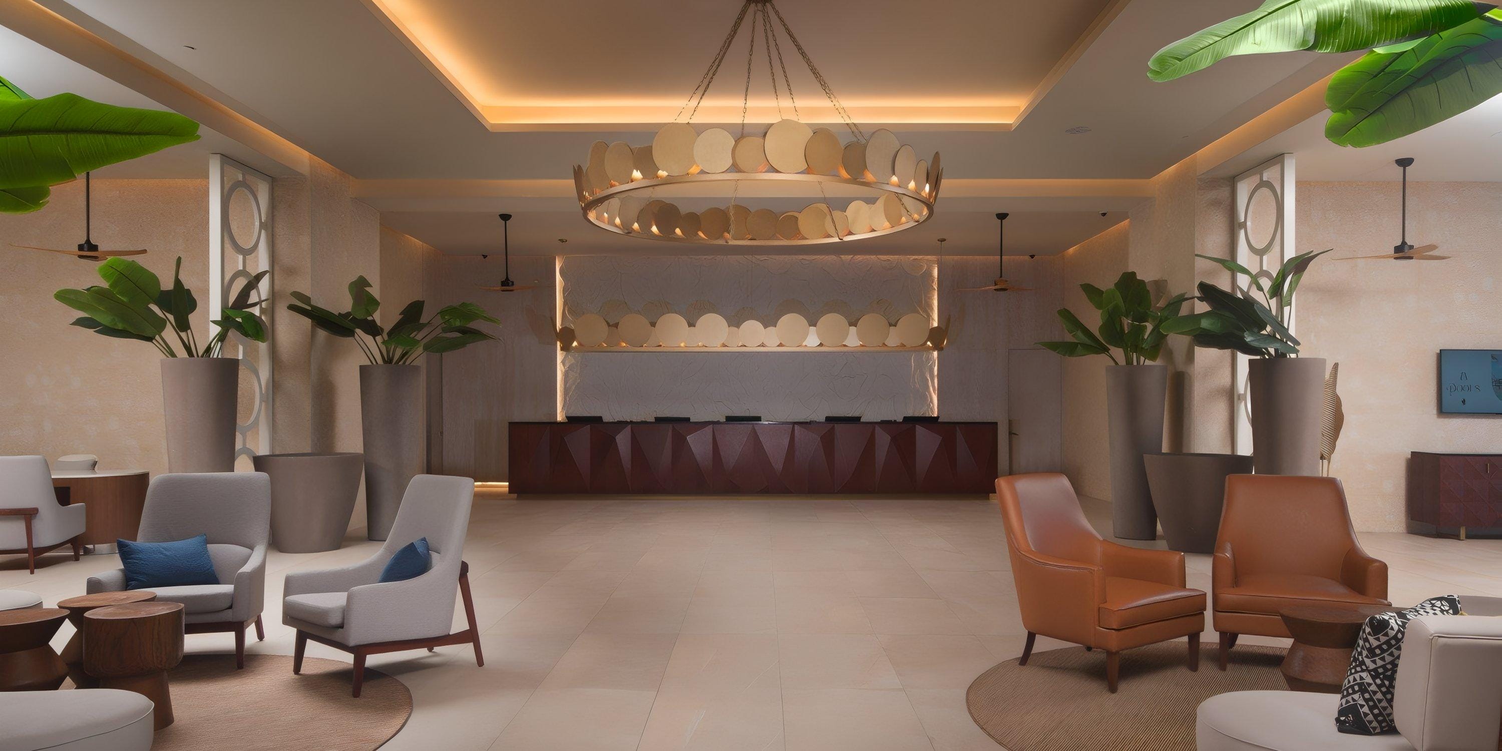 Princess Senses The Mangrove Hotel lobby, ideal for a destination wedding, with seating, plants, chandelier.