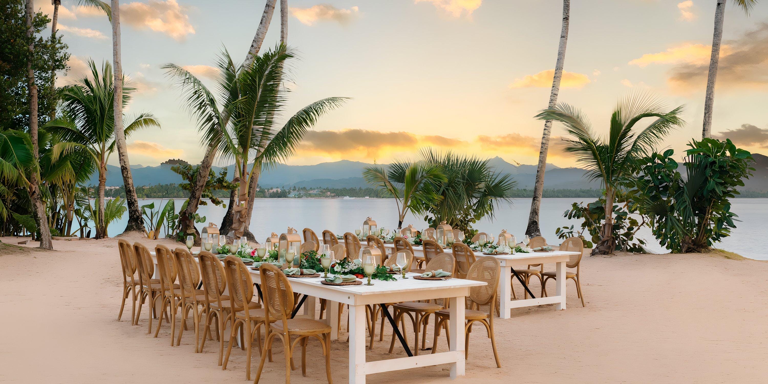 Hilton Cancun Mar Caribe: Dining tables set for a destination wedding on the sandy beach at sunset.