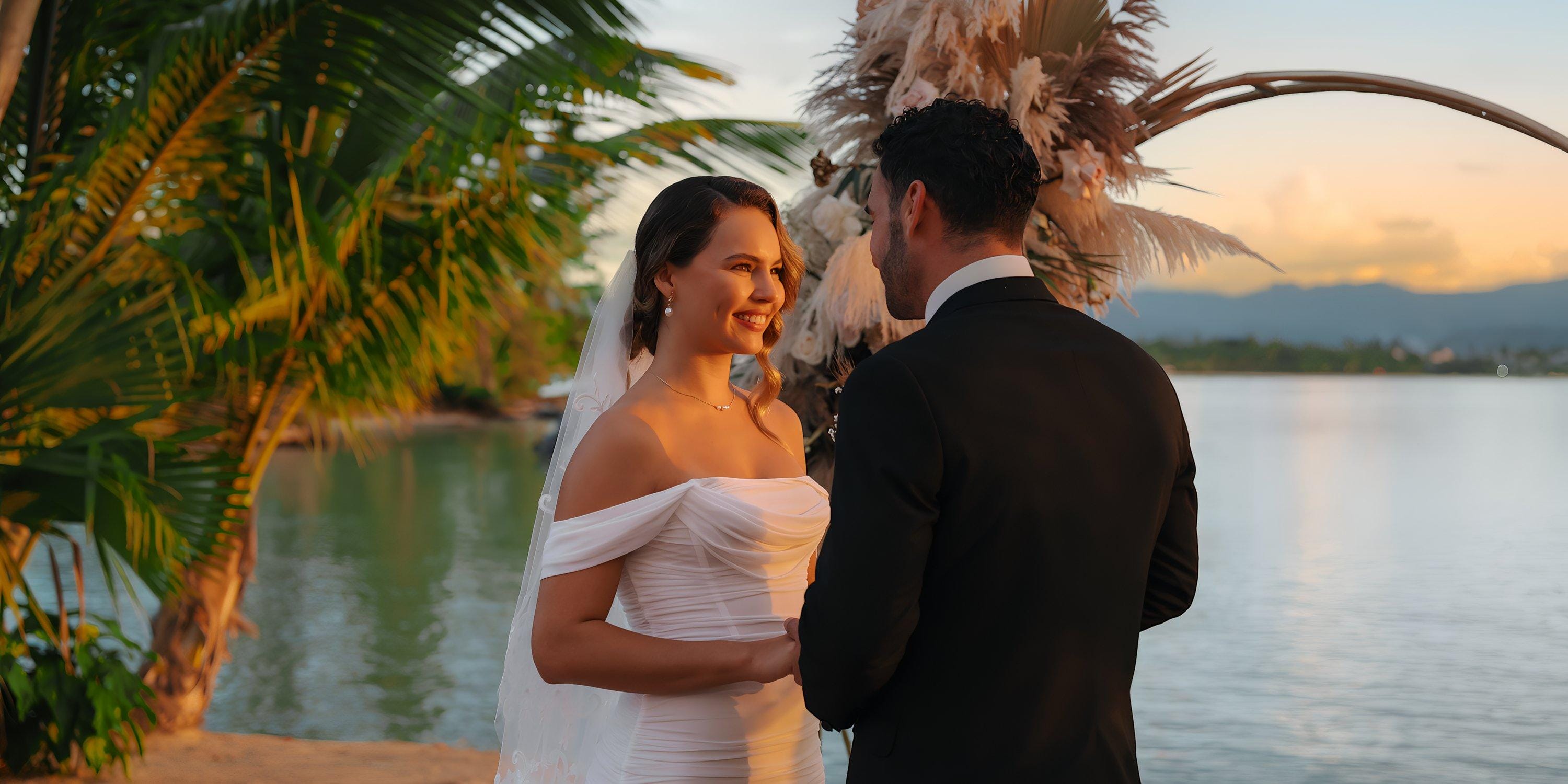 Bride and groom exchange vows by the water during a destination wedding at Hilton Cancun Mar Caribe.