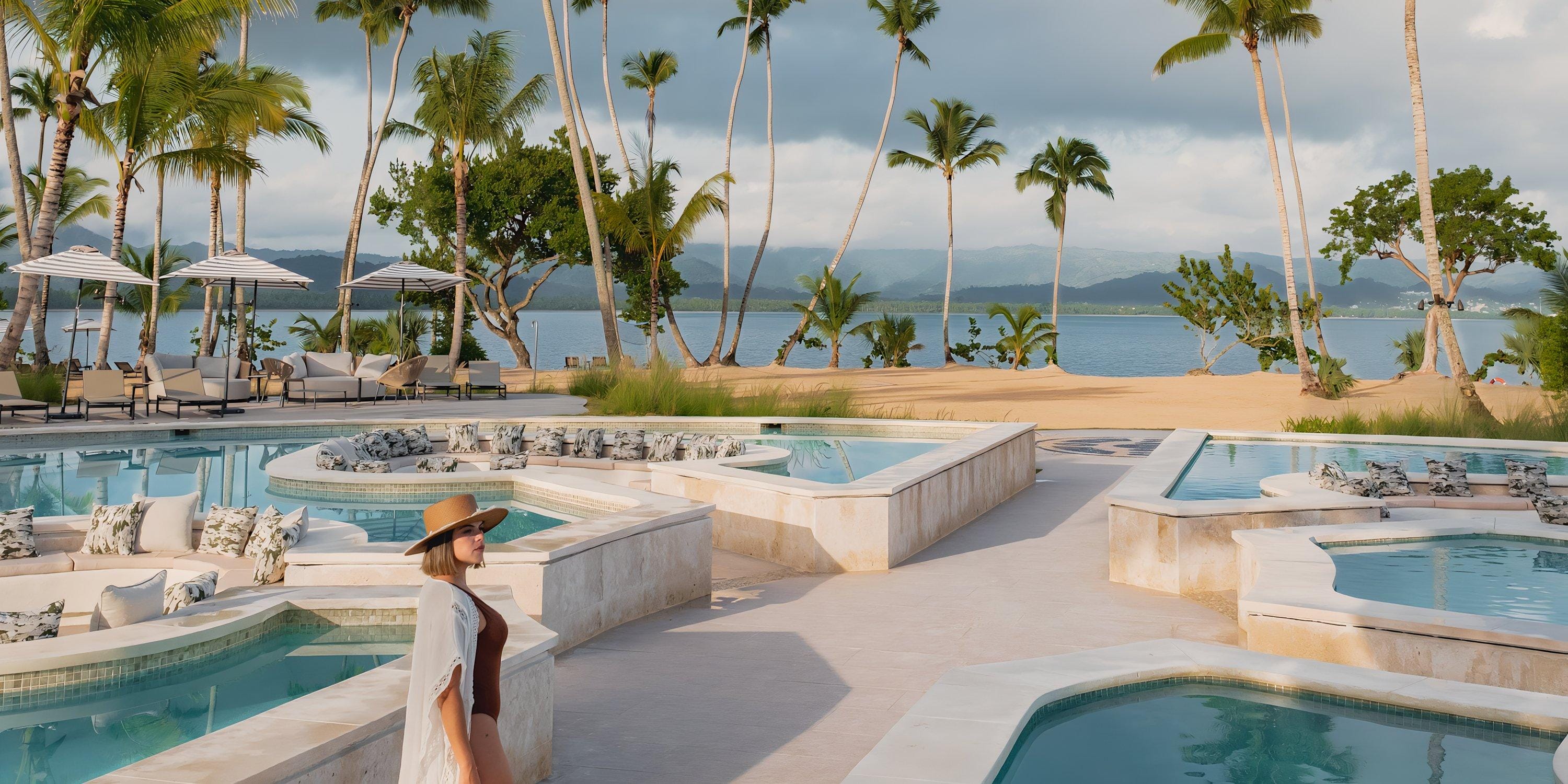 Woman in sunhat walks by pools and palms at Hilton Cancun Mar Caribe, perfect for a destination wedding.