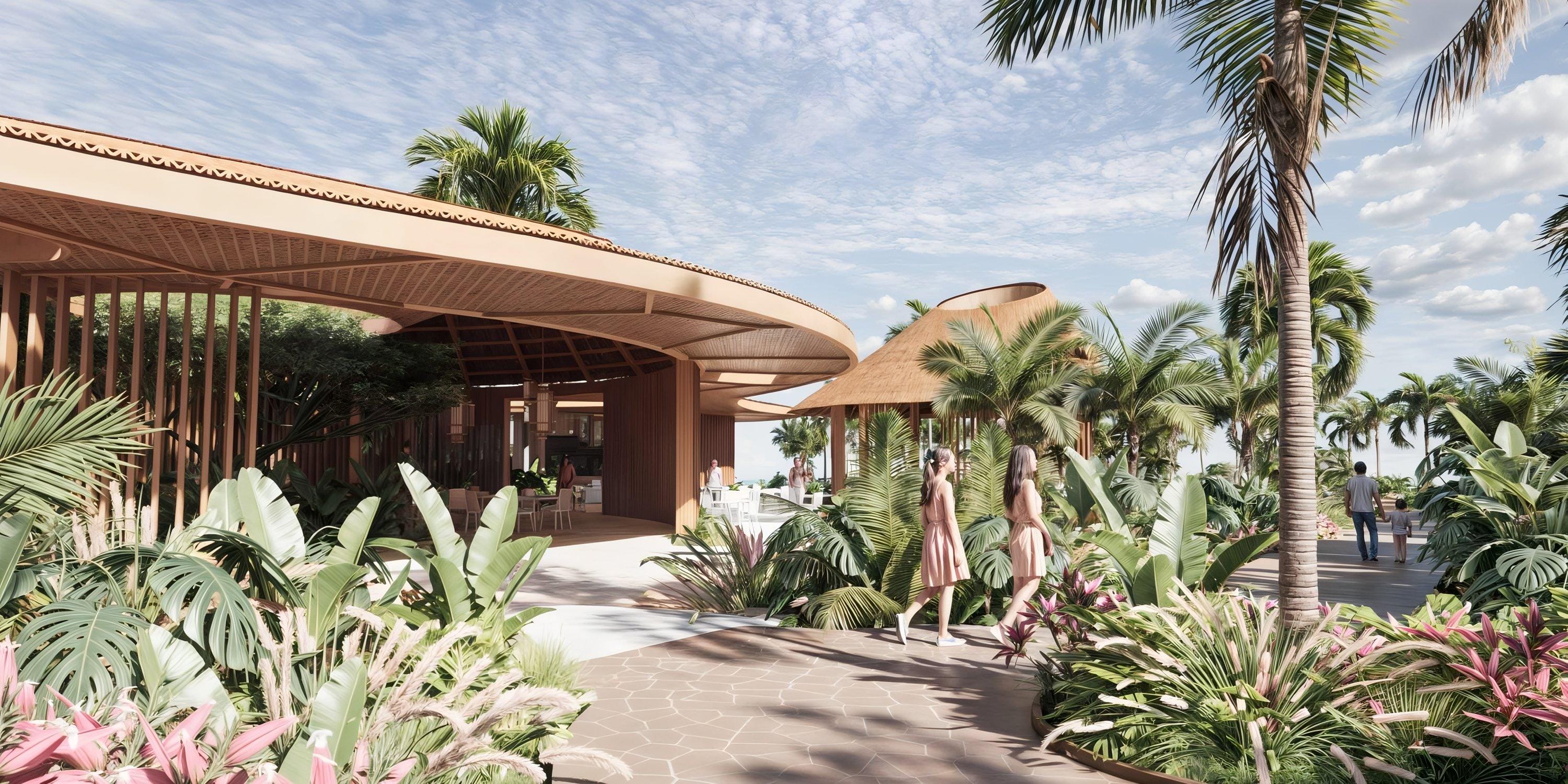 Lopesan Serenity Bay: Lush walkway, palms, open-air resort—perfect for a destination wedding.