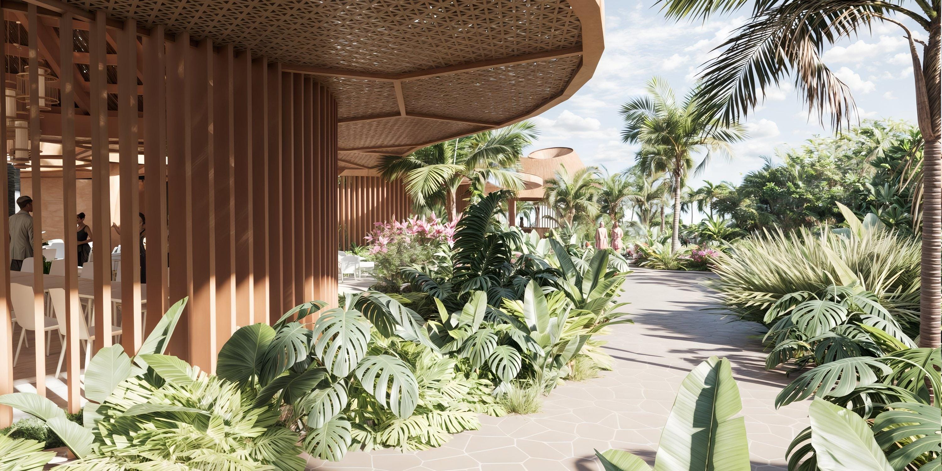 Outdoor walkway at Lopesan Serenity Bay Resort, perfect for a destination wedding, with lush tropical plants.