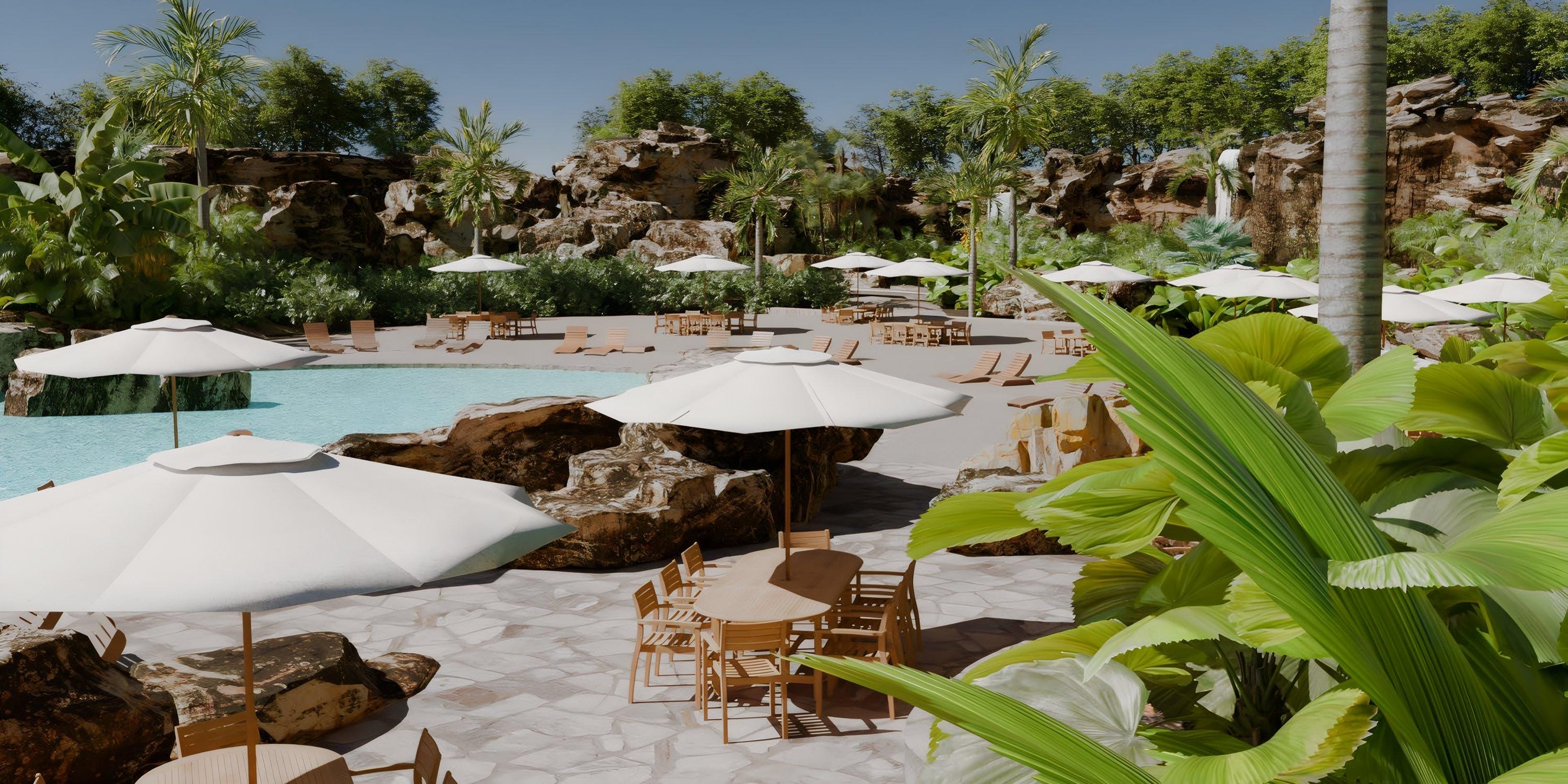 Lopesan Serenity Bay Resort’s outdoor pool with lounge chairs and white umbrellas is ideal for a destination wedding.