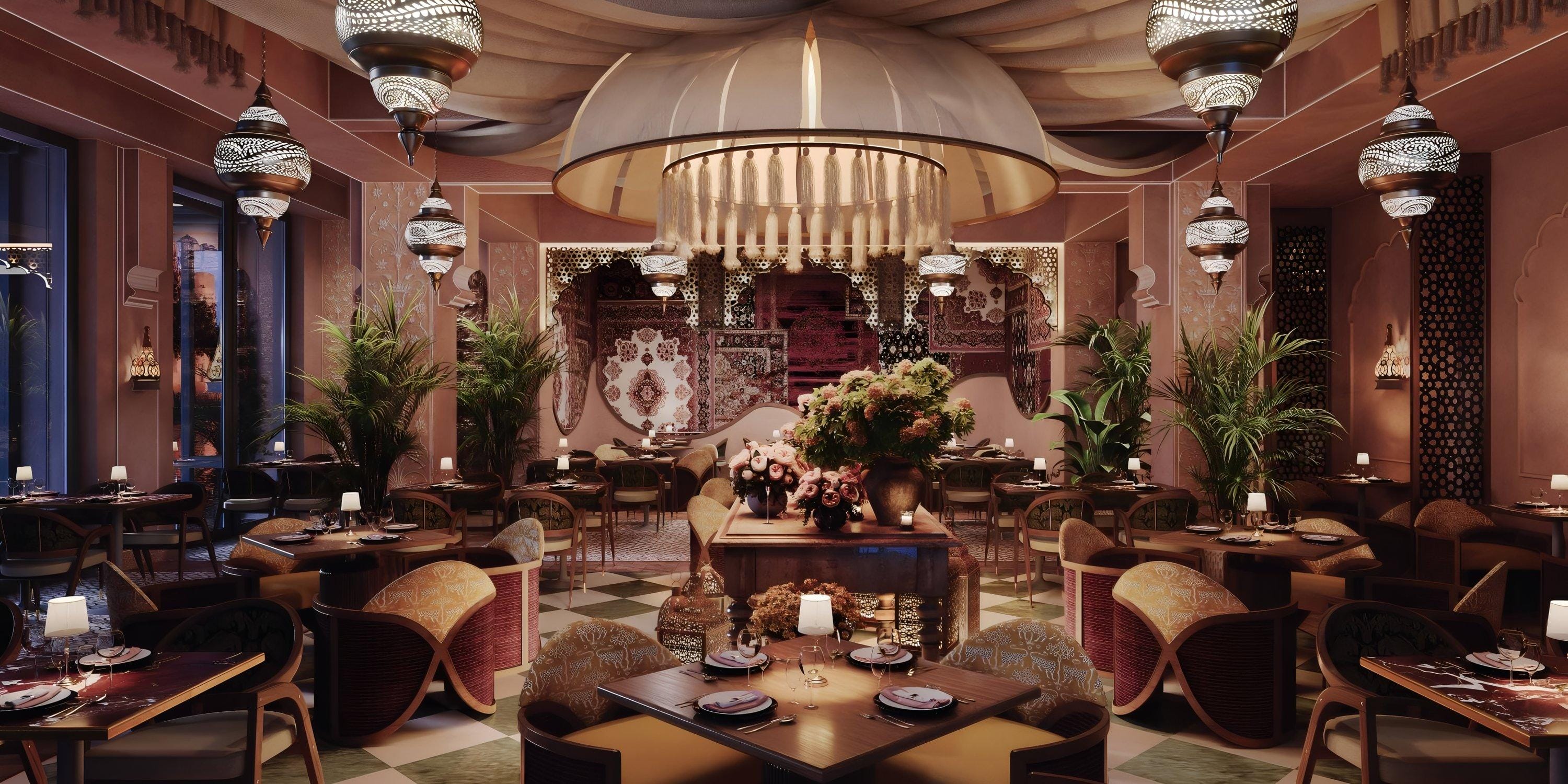 Lopesan Serenity Bay Resort Spa & Casino is a perfect destination wedding spot with ornate lighting, lush plants, and patterned decor.